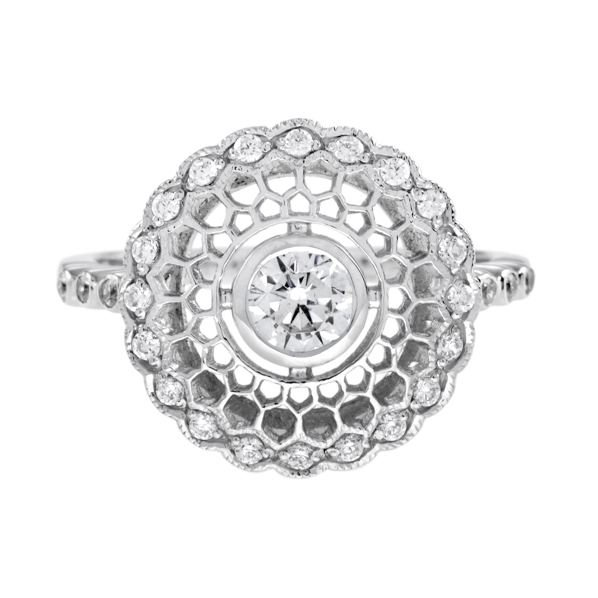 Art Deco Style Diamond Honey Comb Filigree 14K White Gold Ring