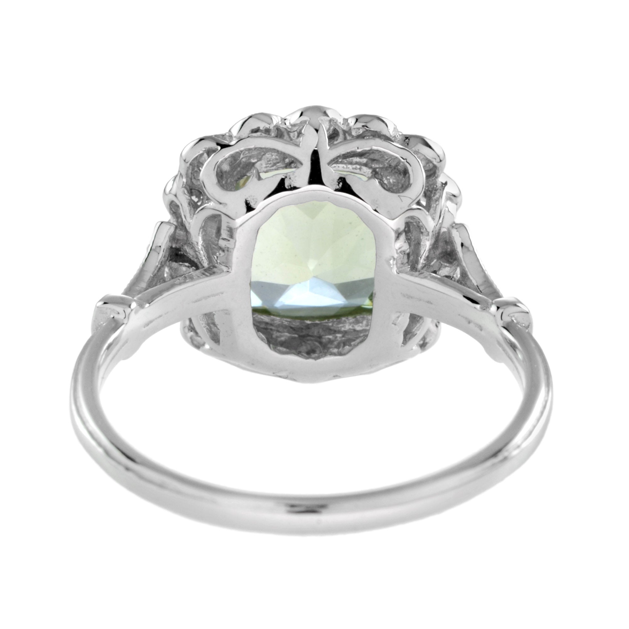 Art Deco Style Cushion Green Amethyst & Diamond Halo Set 18K White Gold Ring