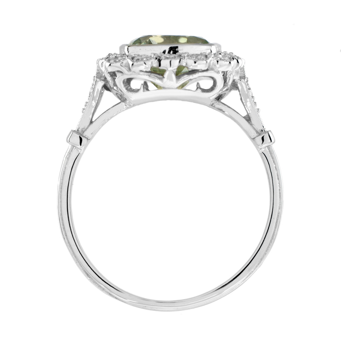 Art Deco Style Cushion Green Amethyst & Diamond Halo Set 18K White Gold Ring