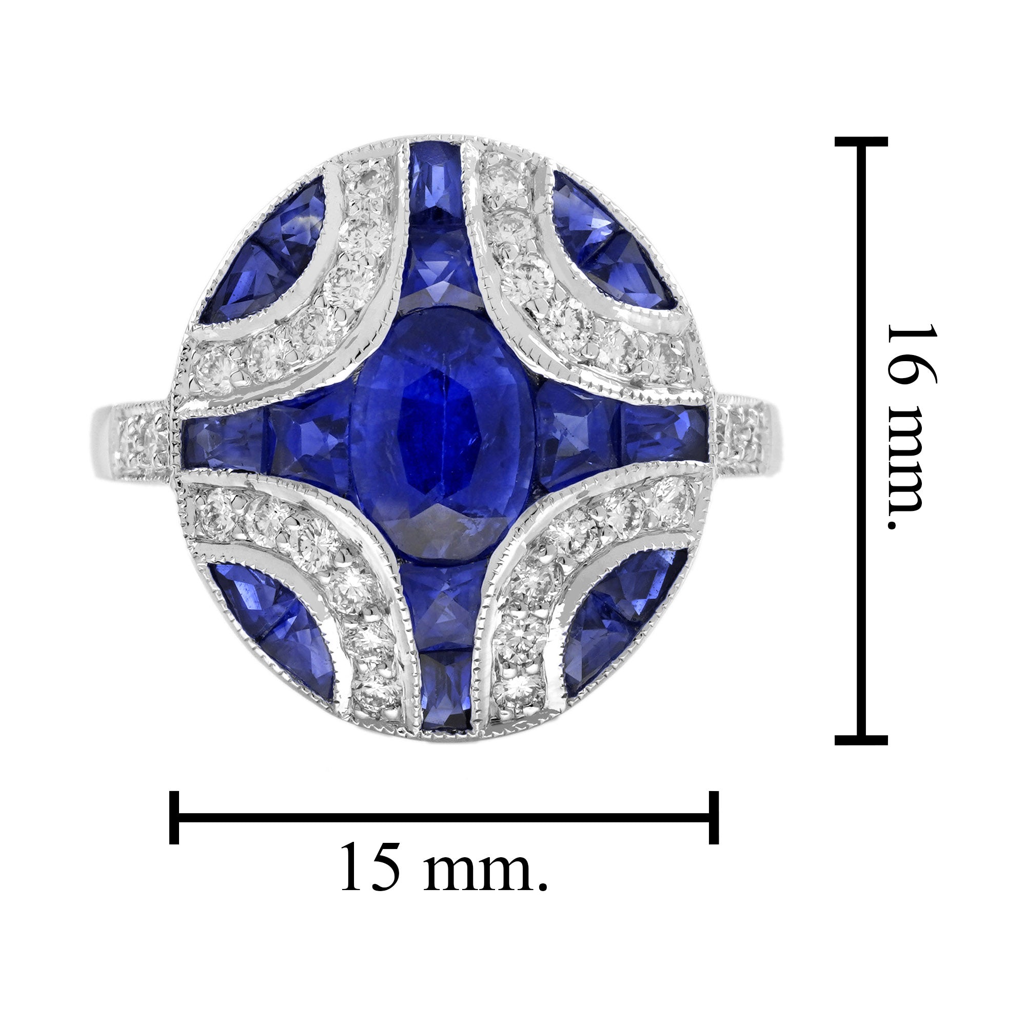 Oval Blue Sapphire & Diamond Art Deco Style Engagement 18K White Gold Ring