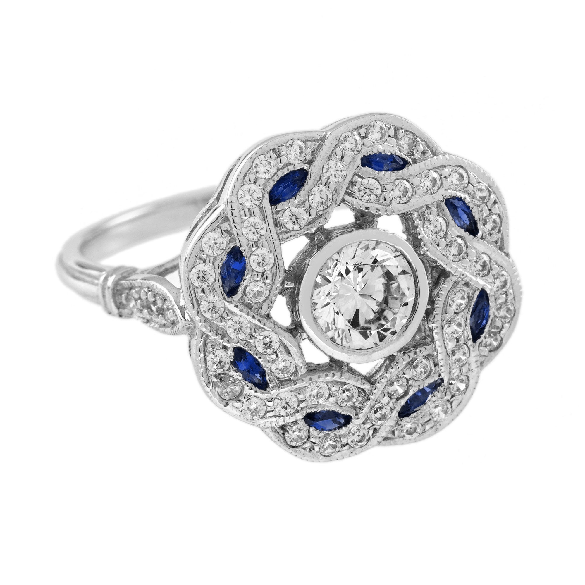 Diamond & Blue Sapphire Vintage Inspired Art Deco Style Curved Waves White Ring