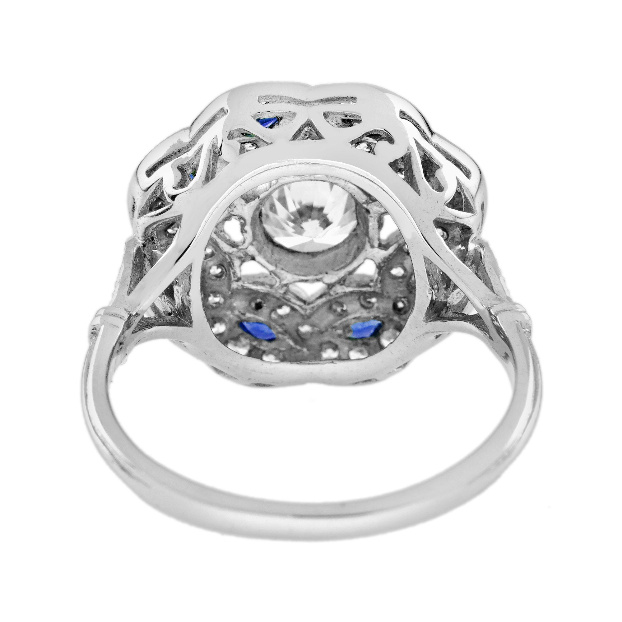 Diamond & Blue Sapphire Vintage Inspired Art Deco Style Curved Waves White Ring
