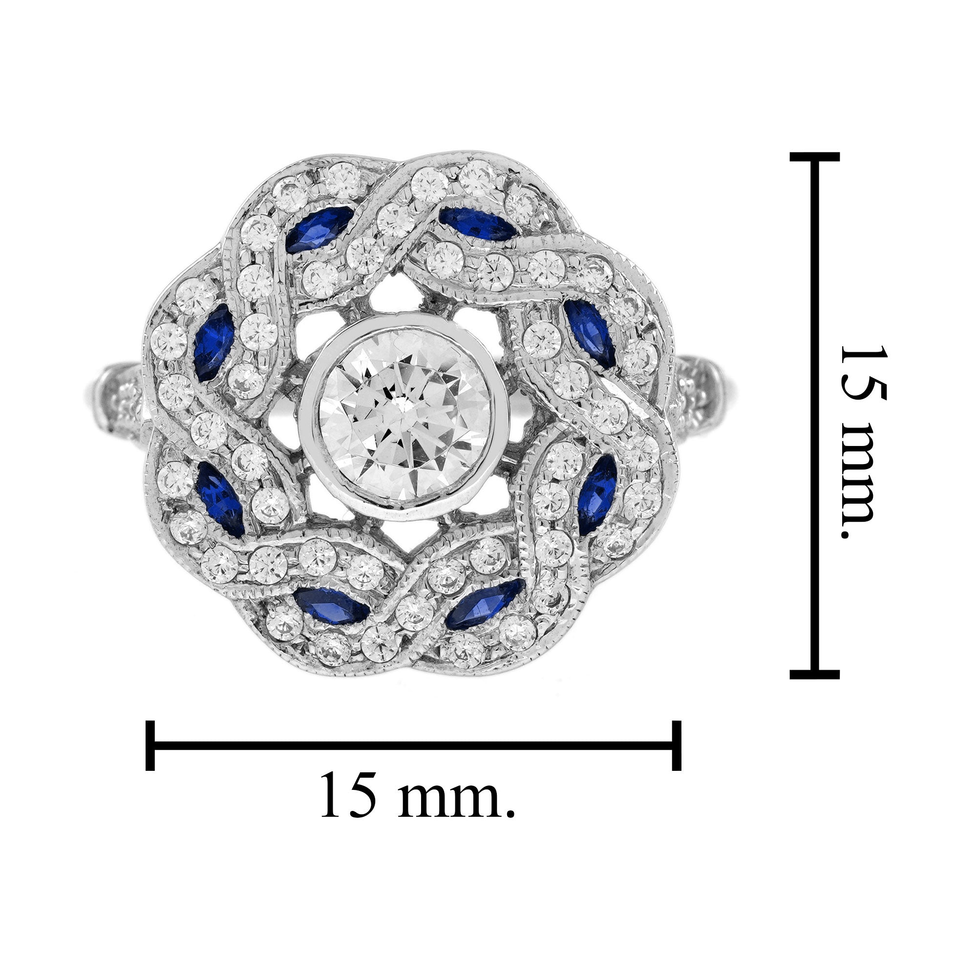 Diamond & Blue Sapphire Vintage Inspired Art Deco Style Curved Waves White Ring