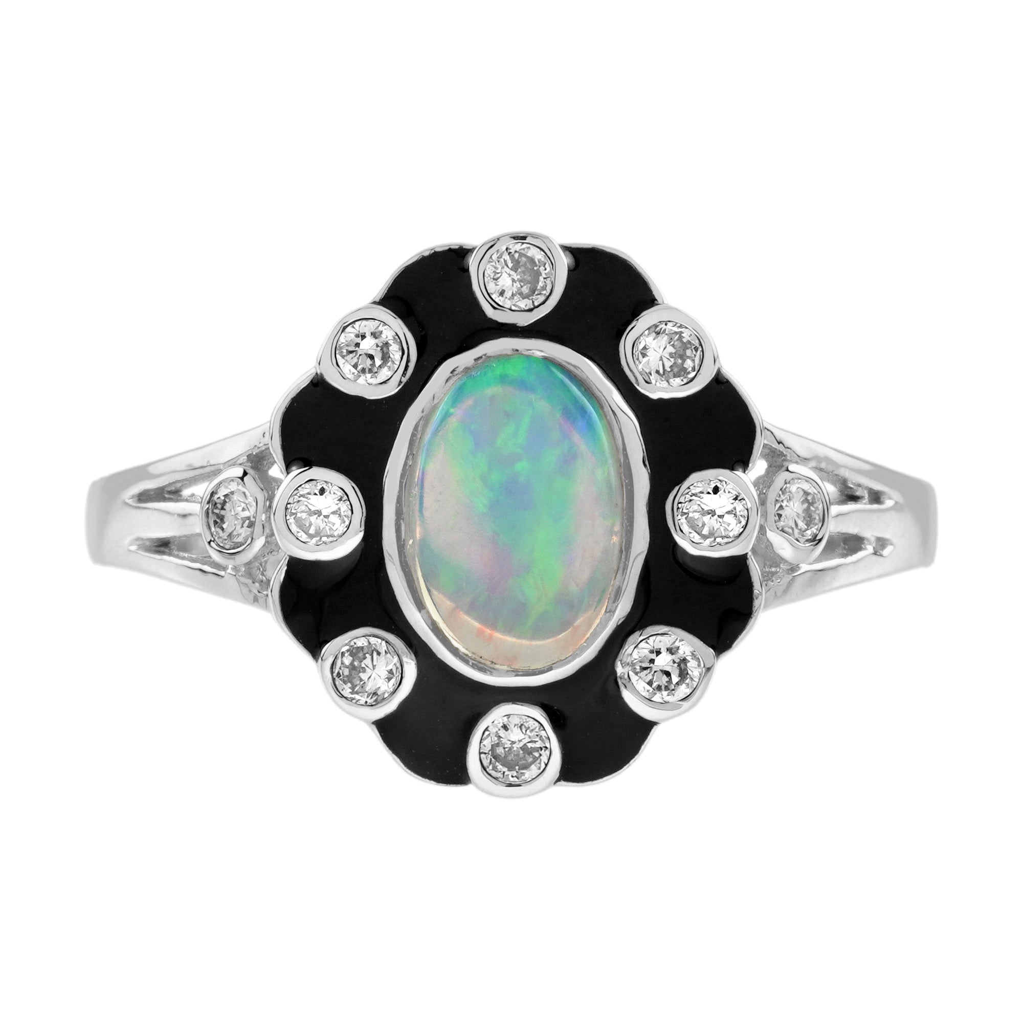 Opal & Diamond Art Deco Style Black Enamel Halo White Gold Ring