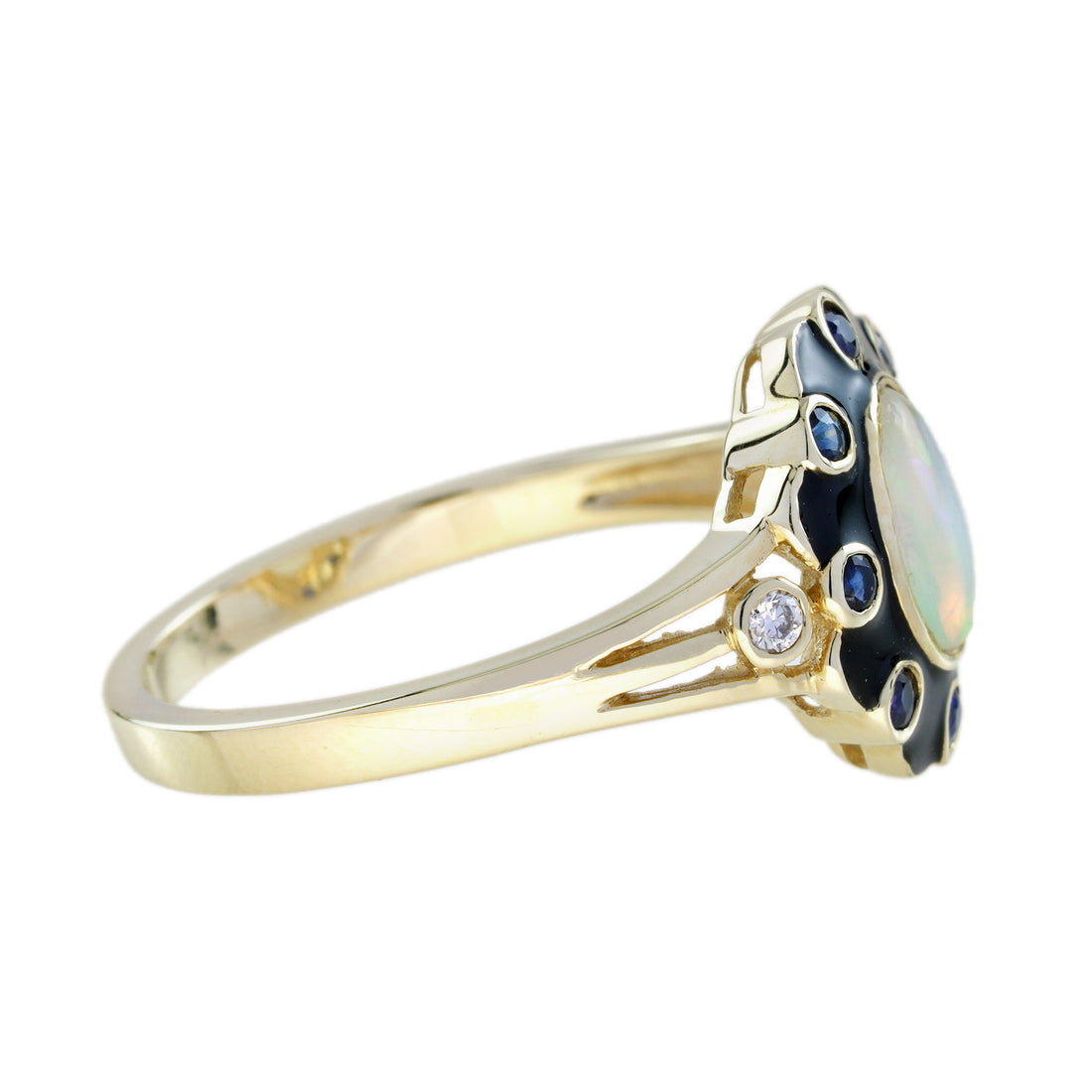 Opal Blue Sapphire Diamond Art Deco Style Floral Yellow Gold Ring