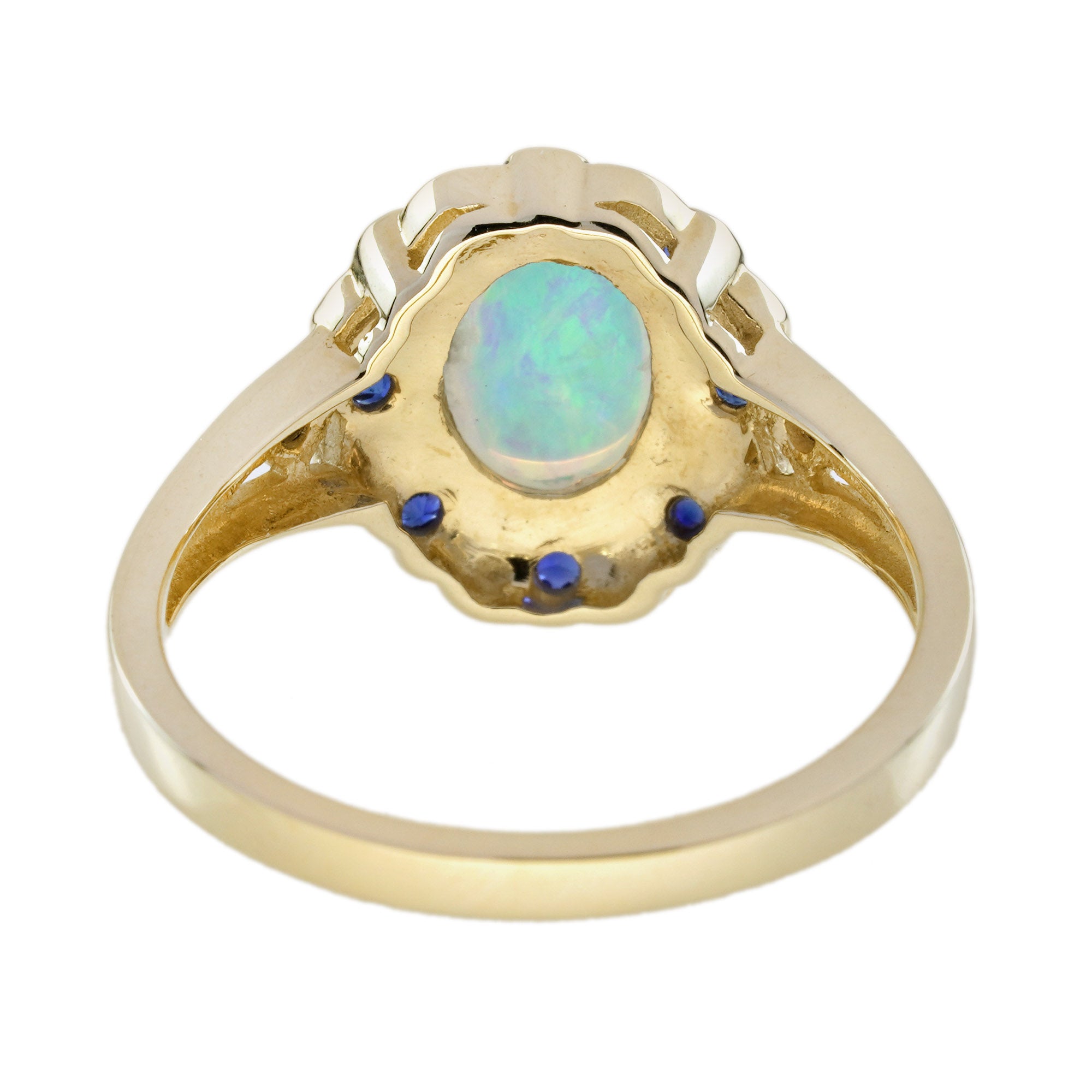 Opal Blue Sapphire Diamond Art Deco Style Floral Yellow Gold Ring