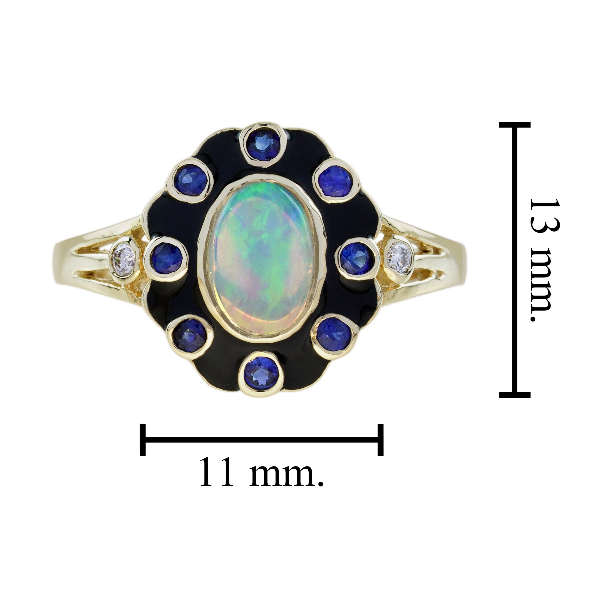 Opal Blue Sapphire Diamond Art Deco Style Floral Yellow Gold Ring