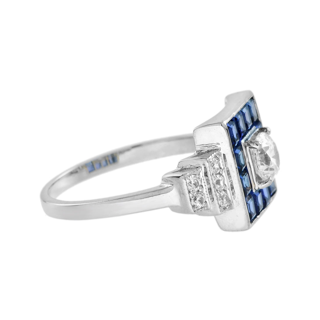 Diamond & Blue Sapphire Art Deco Style Square Shape 14K White Gold Ring