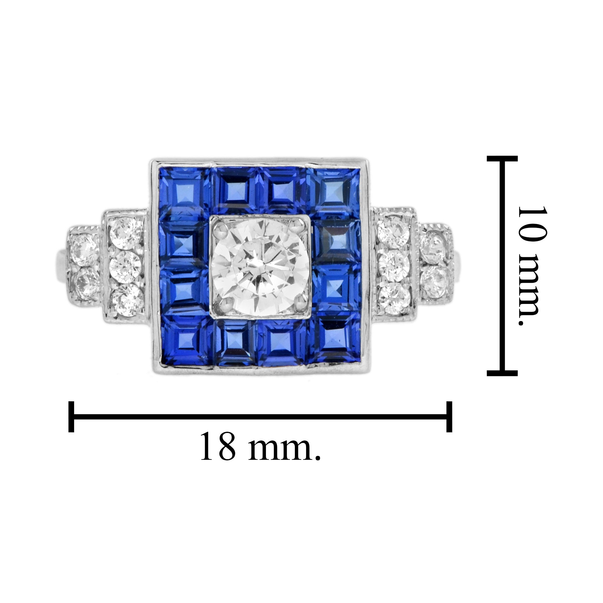 Diamond & Blue Sapphire Art Deco Style Square Shape 14K White Gold Ring