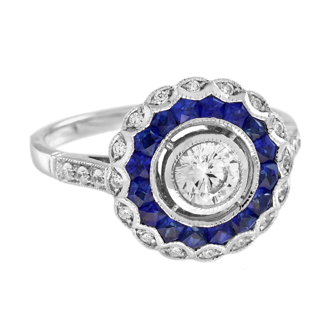 Diamond & Blue Sapphire Fancy Cut Art Deco Style Statement 14K White Gold Ring