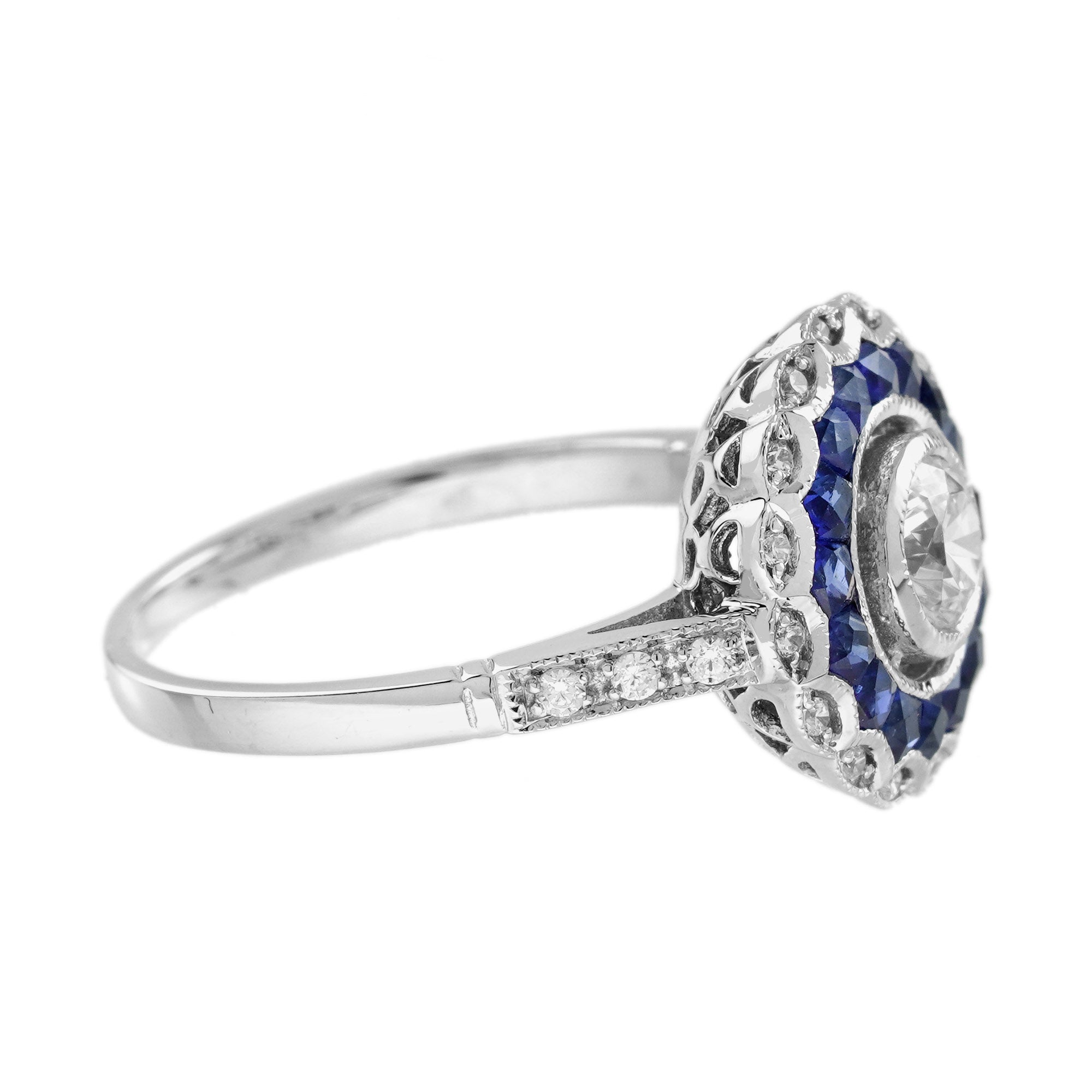 Diamond & Blue Sapphire Fancy Cut Art Deco Style Statement 14K White Gold Ring