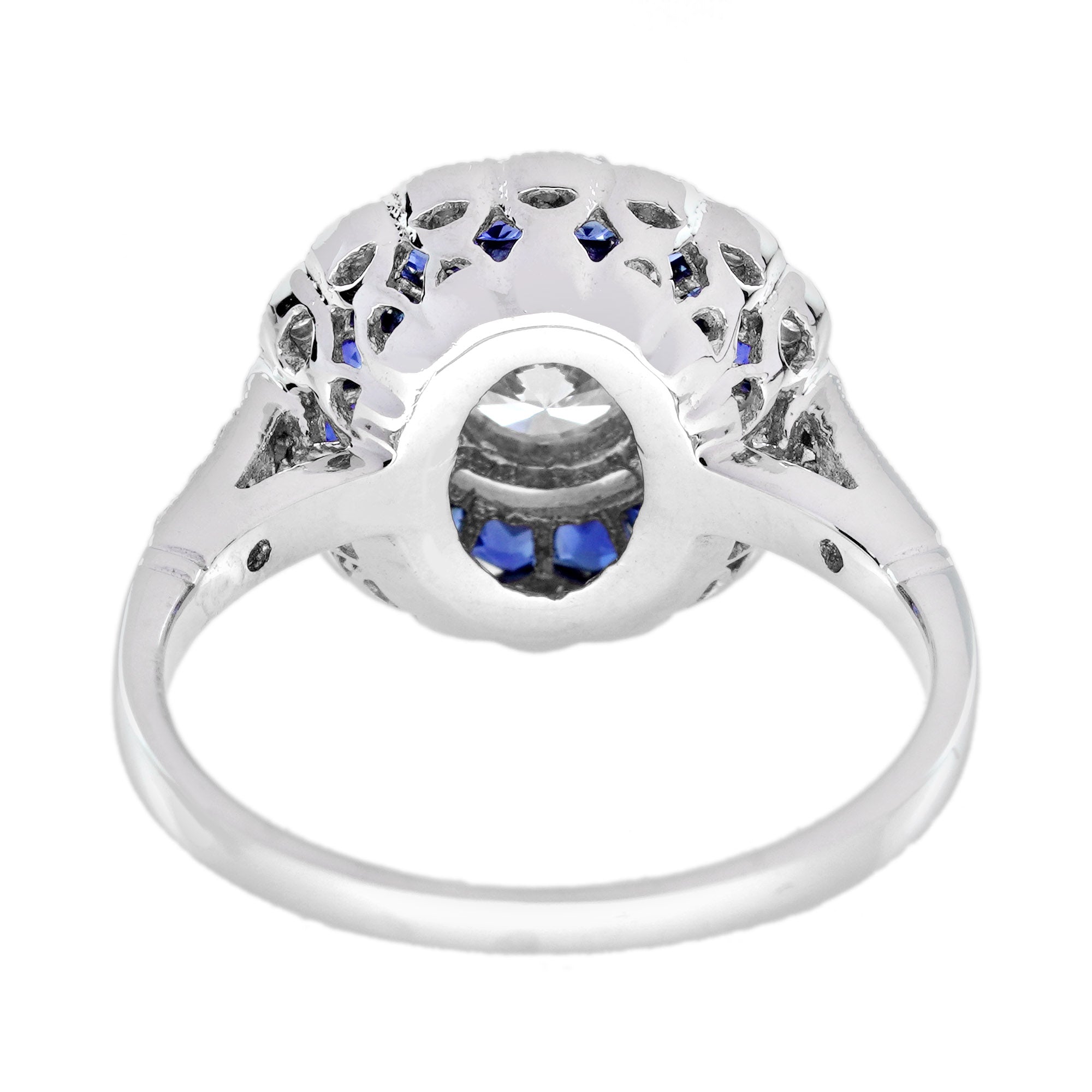 Diamond & Blue Sapphire Fancy Cut Art Deco Style Statement 14K White Gold Ring