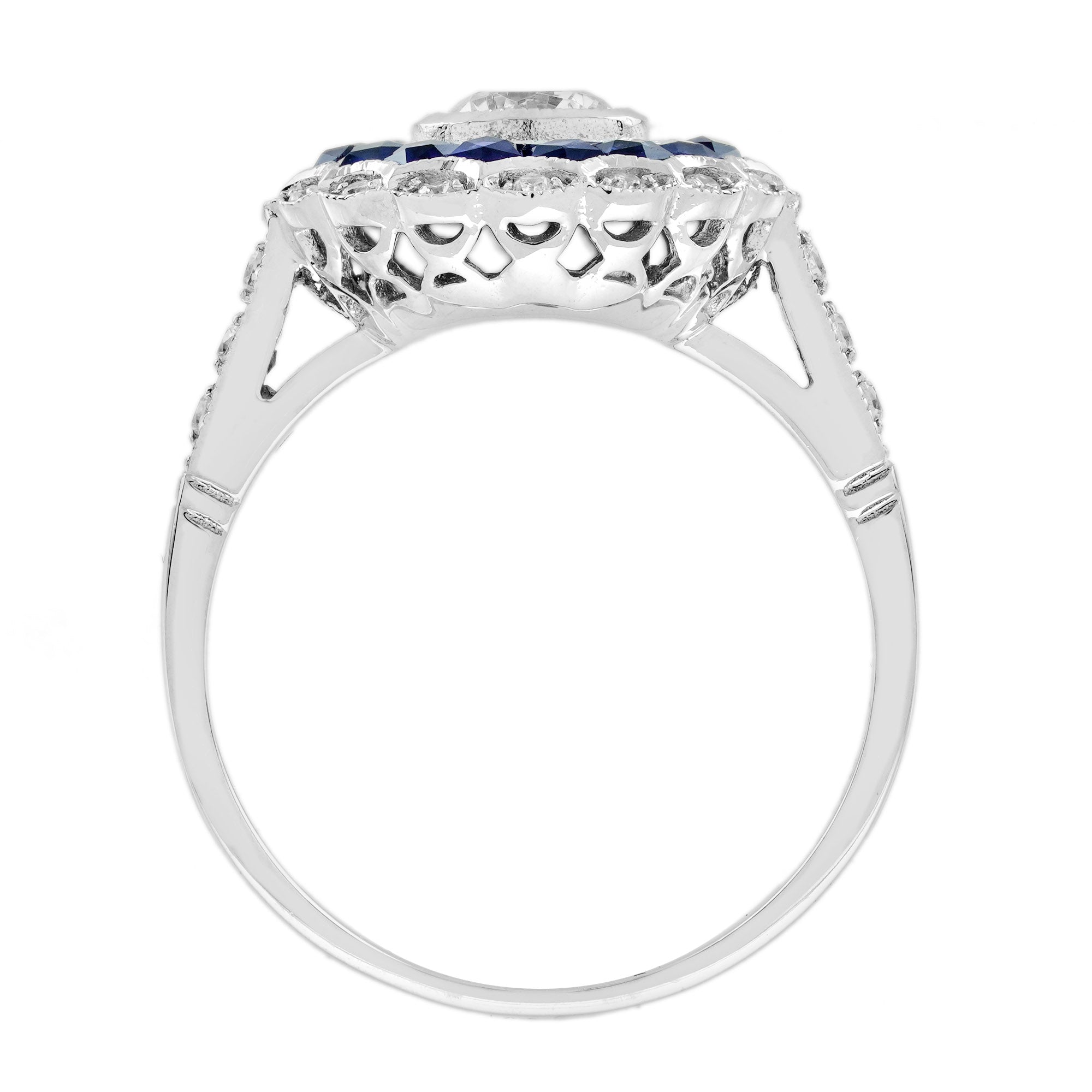 Diamond & Blue Sapphire Fancy Cut Art Deco Style Statement 14K White Gold Ring