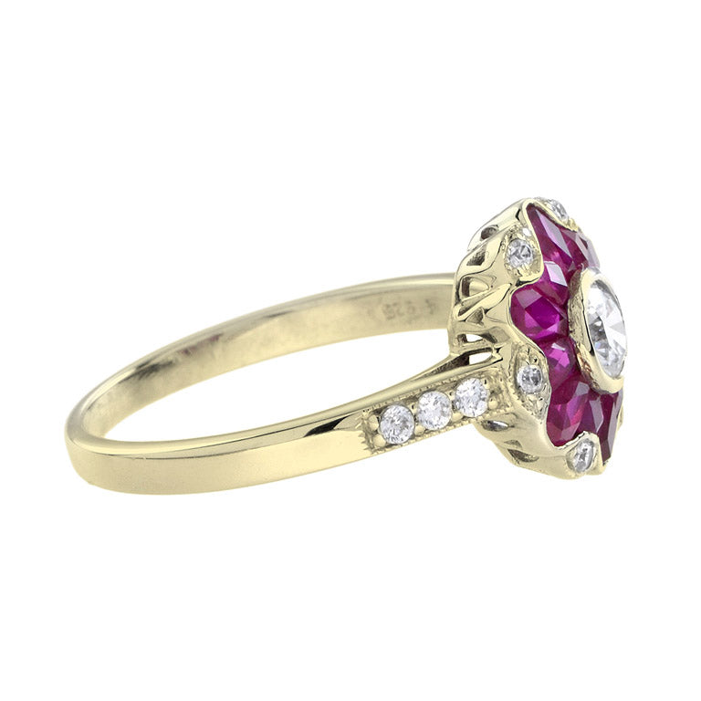 Morning Glory Red Pink Ruby & Round Diamond Art Deco Style 14K Gold Ring