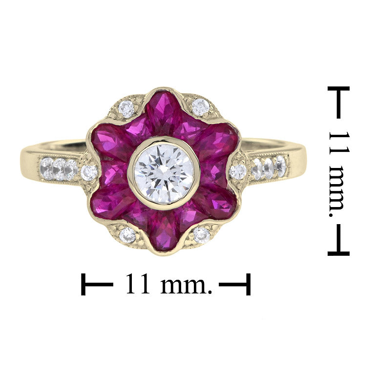 Morning Glory Red Pink Ruby & Round Diamond Art Deco Style 14K Gold Ring