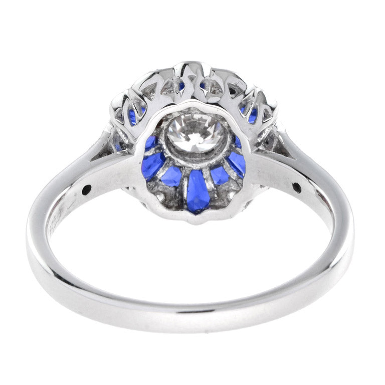 Morning Glory Blue Sapphire & Diamond Art Deco Style 14K White Gold Ring