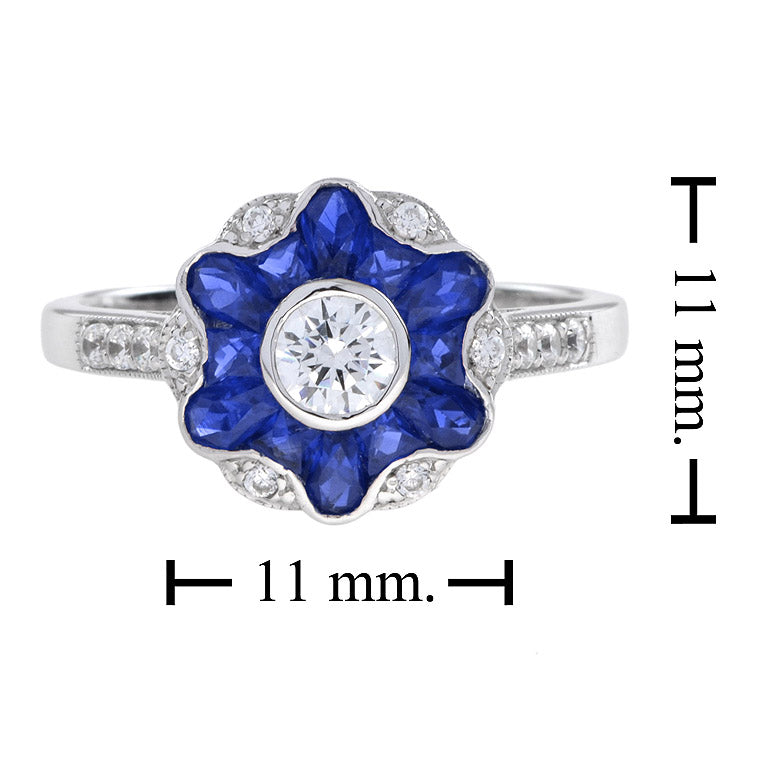 Morning Glory Blue Sapphire & Diamond Art Deco Style 14K White Gold Ring