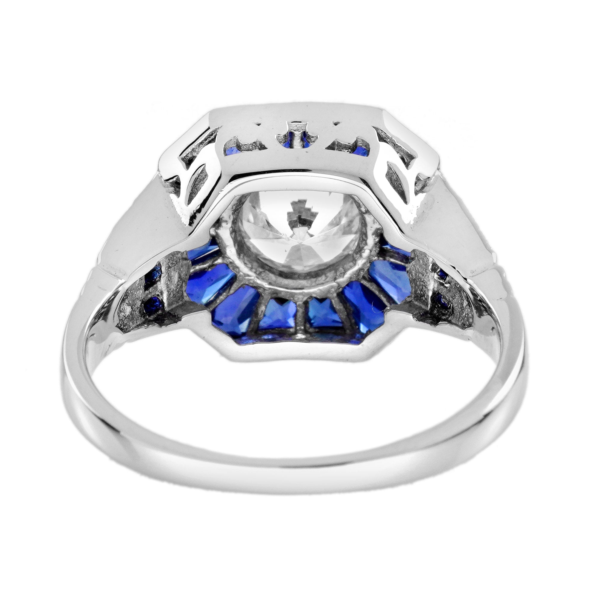 Diamond & Blue Sapphire Fancy Specialty Cut Art Deco Style White Gold Ring