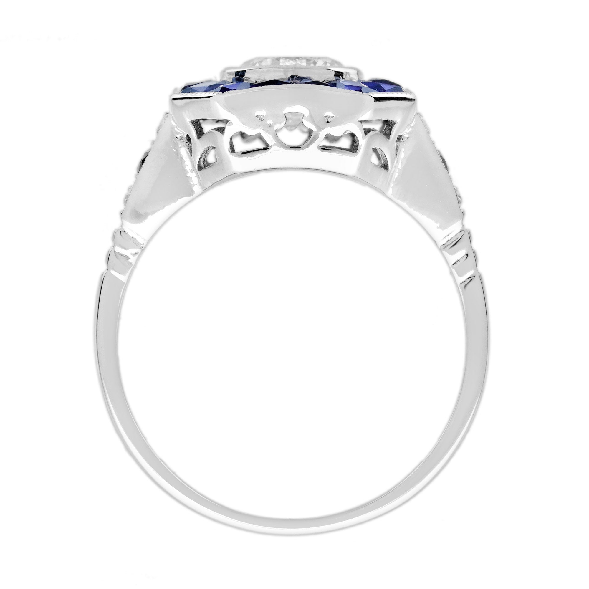 Diamond & Blue Sapphire Fancy Specialty Cut Art Deco Style White Gold Ring