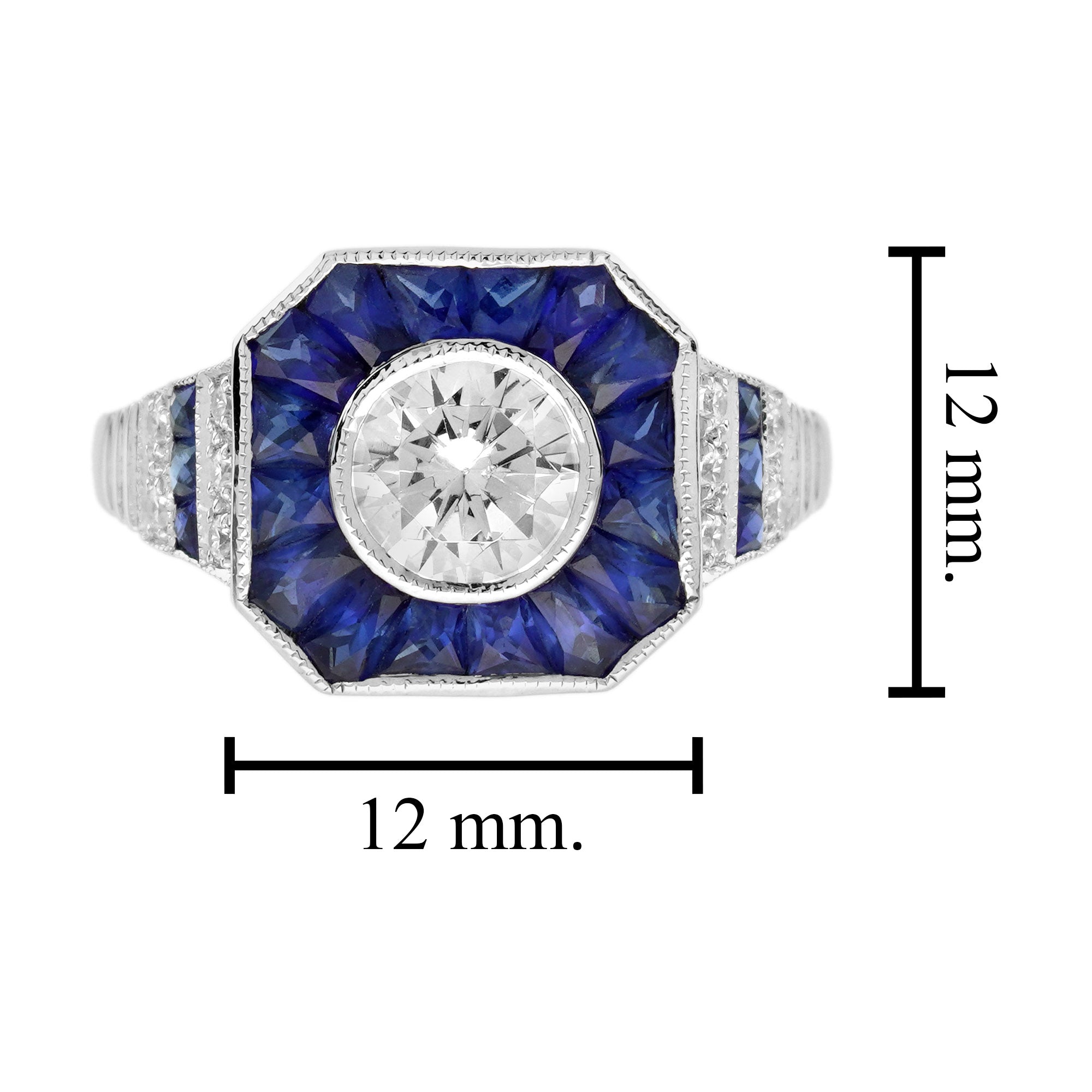 Diamond & Blue Sapphire Fancy Specialty Cut Art Deco Style White Gold Ring