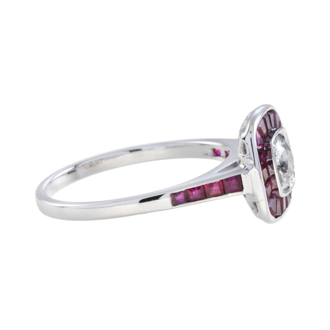 Art Deco Style Diamond & Red Pink Ruby Cushion Shape Halo 18K White Gold Ring