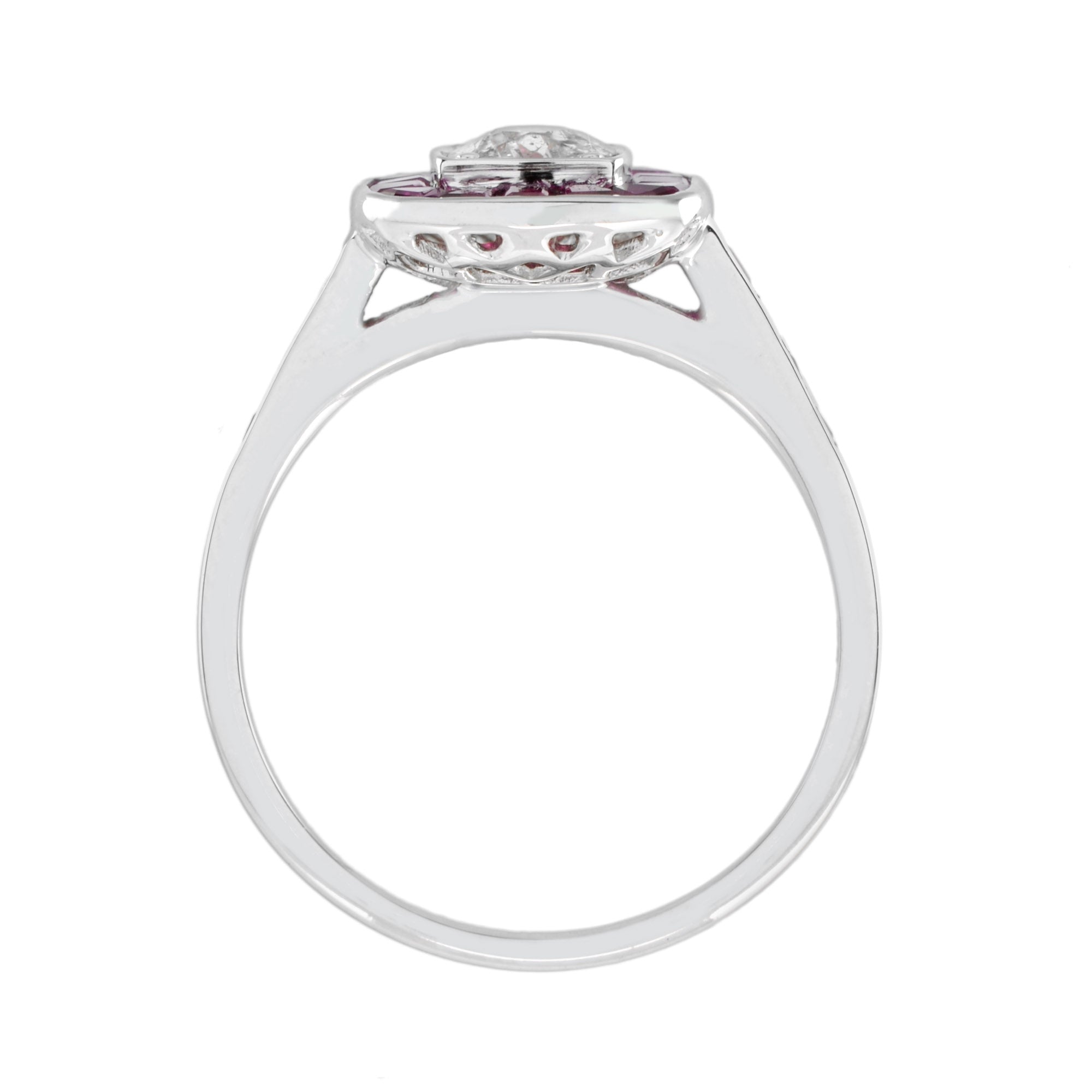Art Deco Style Diamond & Red Pink Ruby Cushion Shape Halo 18K White Gold Ring