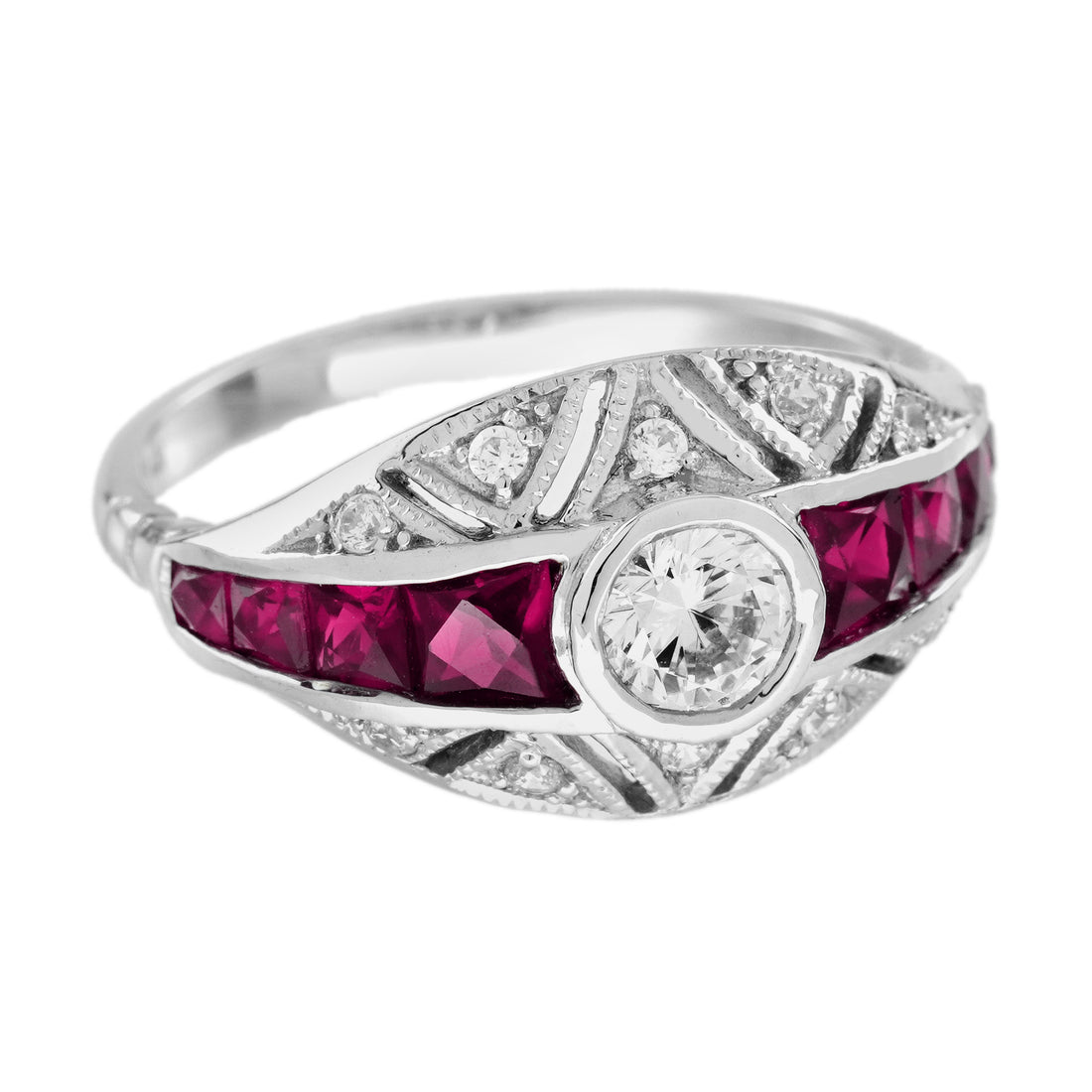 Diamond & Ruby Fancy Cut Vintage Inspired Art Deco Style Bombay White Gold Ring