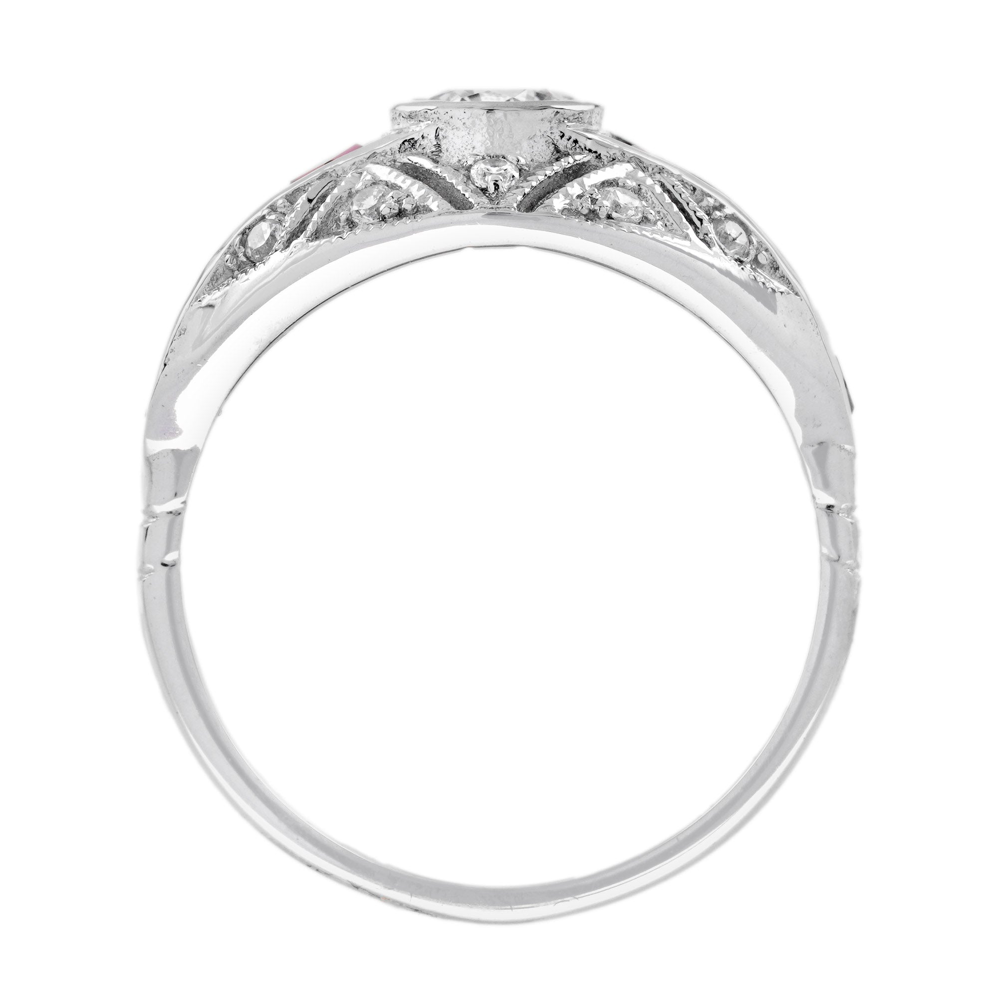Diamond & Ruby Fancy Cut Vintage Inspired Art Deco Style Bombay White Gold Ring