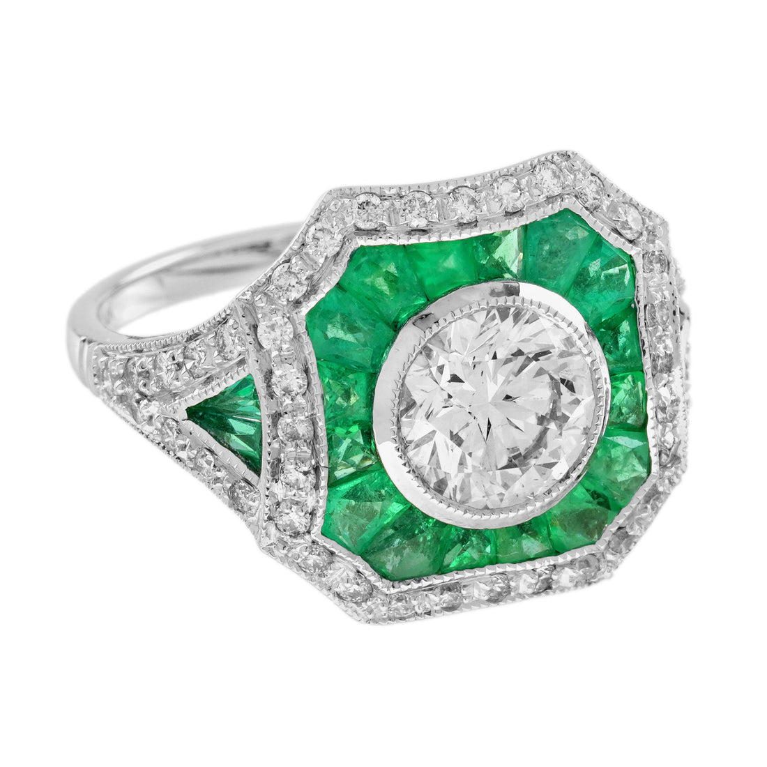 Round Diamond & Green Emerald Halo Set Art Deco Style 18K White Gold Ring