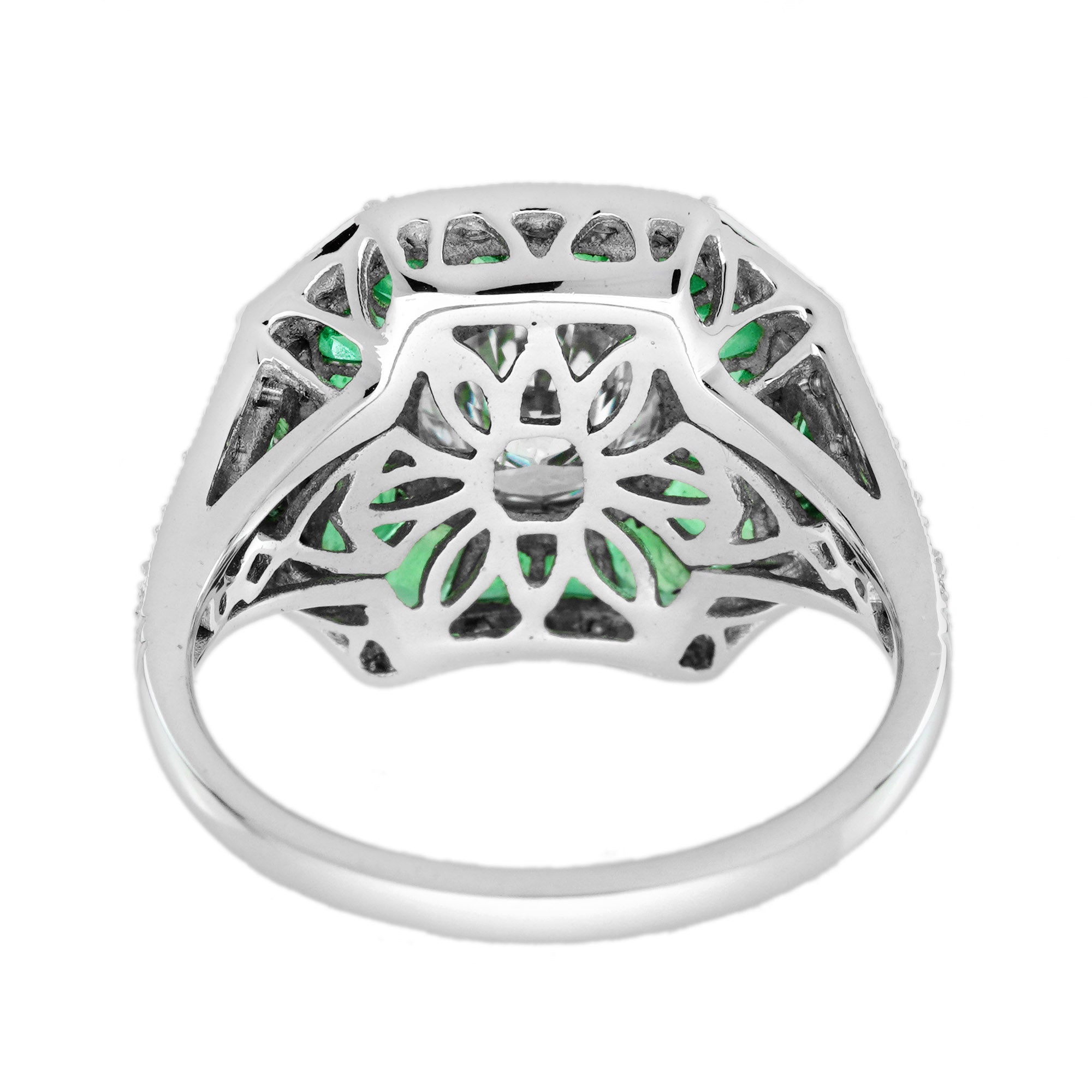 Round Diamond & Green Emerald Halo Set Art Deco Style 18K White Gold Ring
