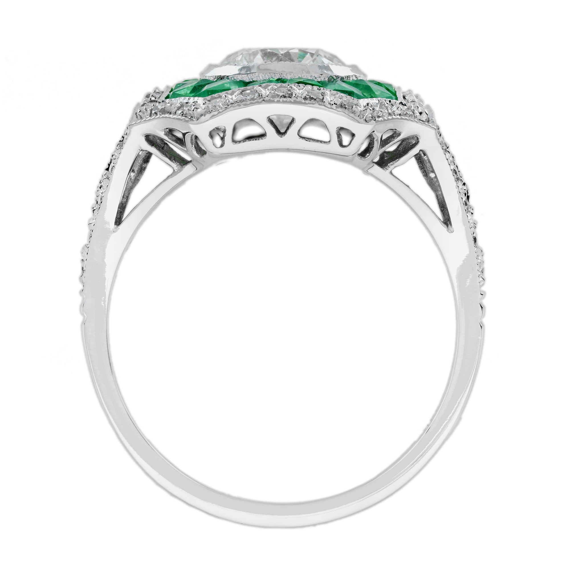 Round Diamond & Green Emerald Halo Set Art Deco Style 18K White Gold Ring