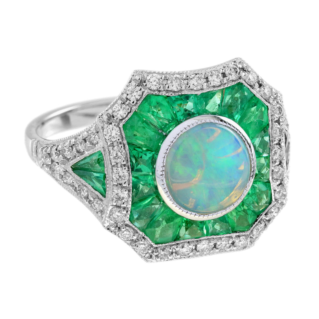 Opal Diamond Green Emerald Fancy Cut Halo Vintage Art Deco Style White Gold Ring
