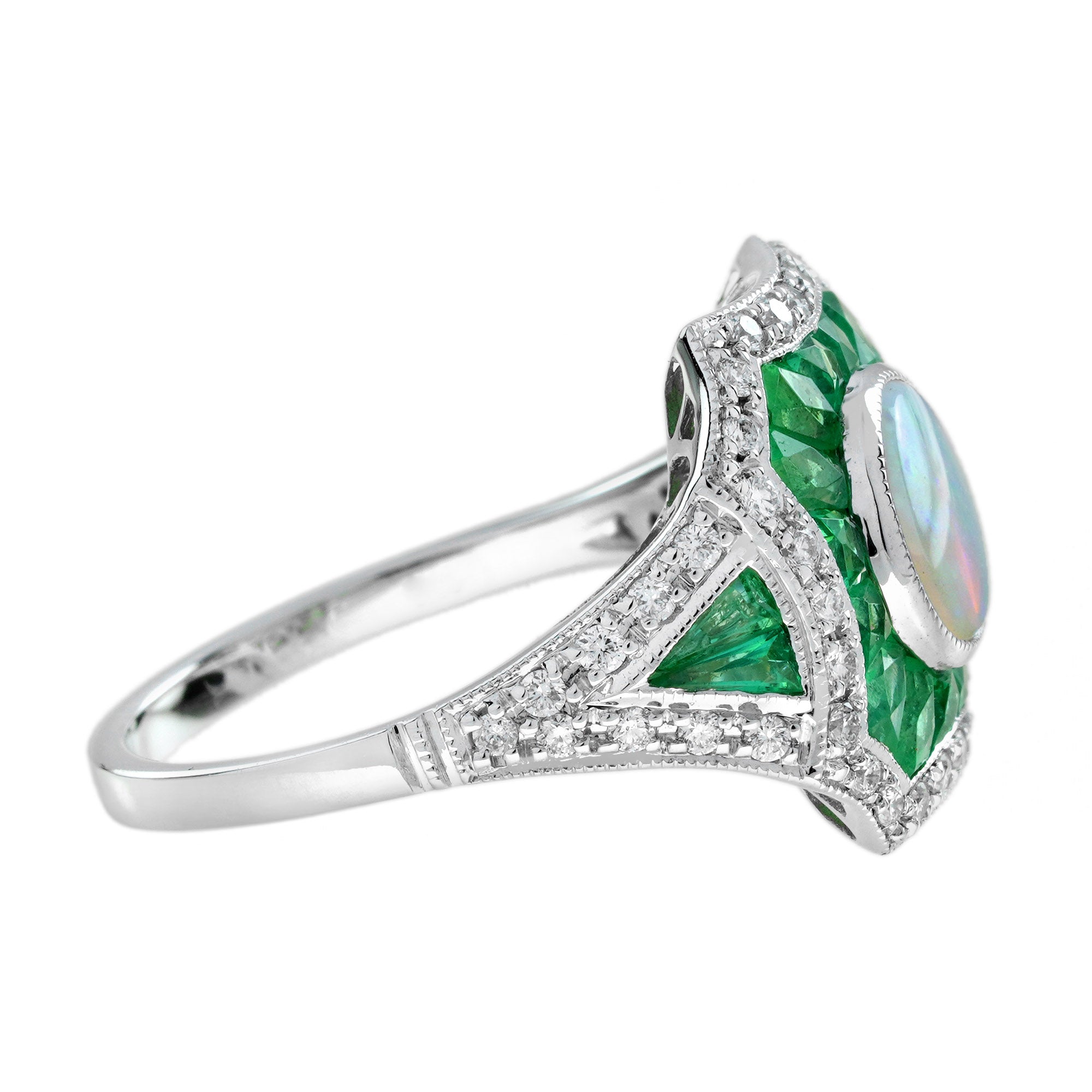 Opal Diamond Green Emerald Fancy Cut Halo Vintage Art Deco Style White Gold Ring