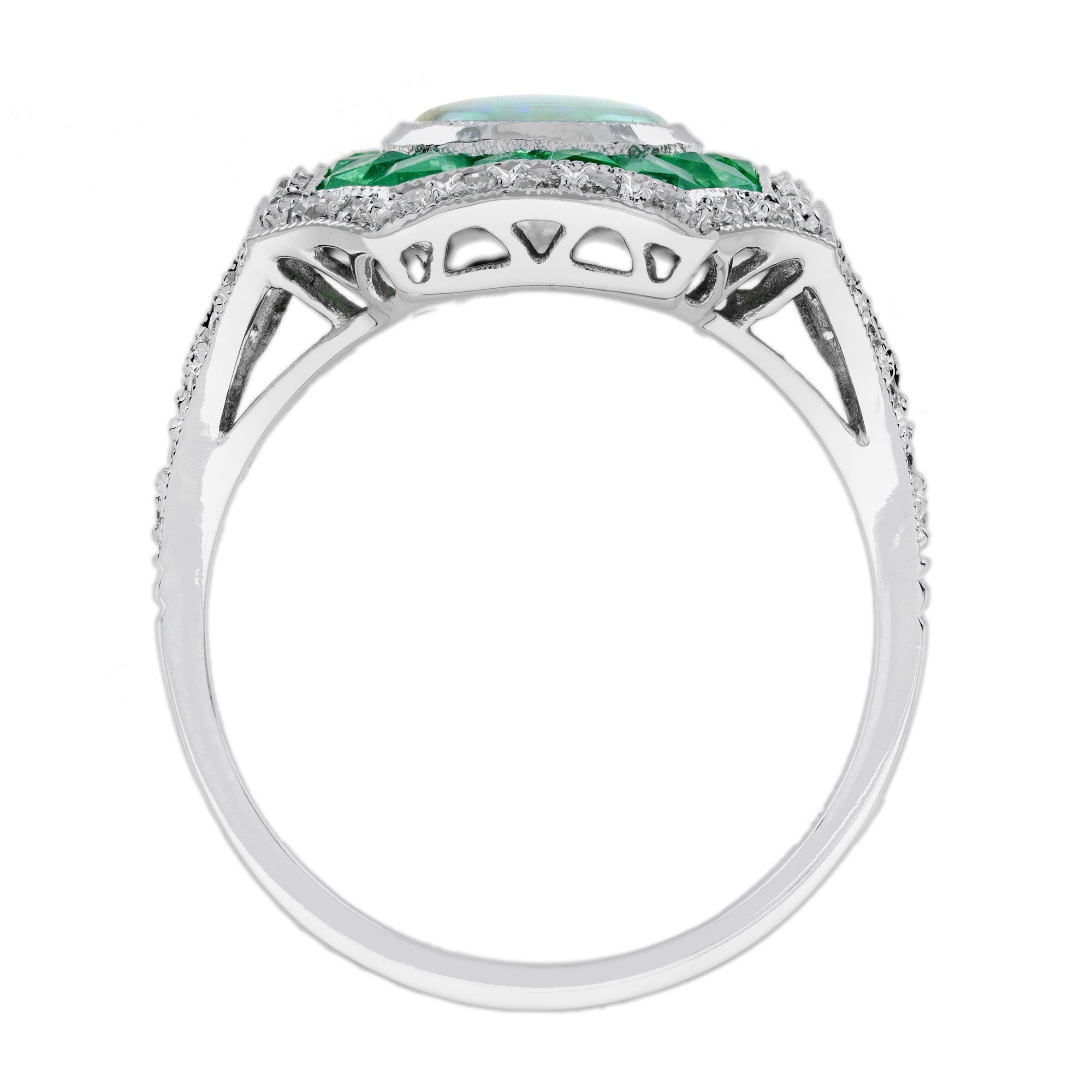 Opal Diamond Green Emerald Fancy Cut Halo Vintage Art Deco Style White Gold Ring