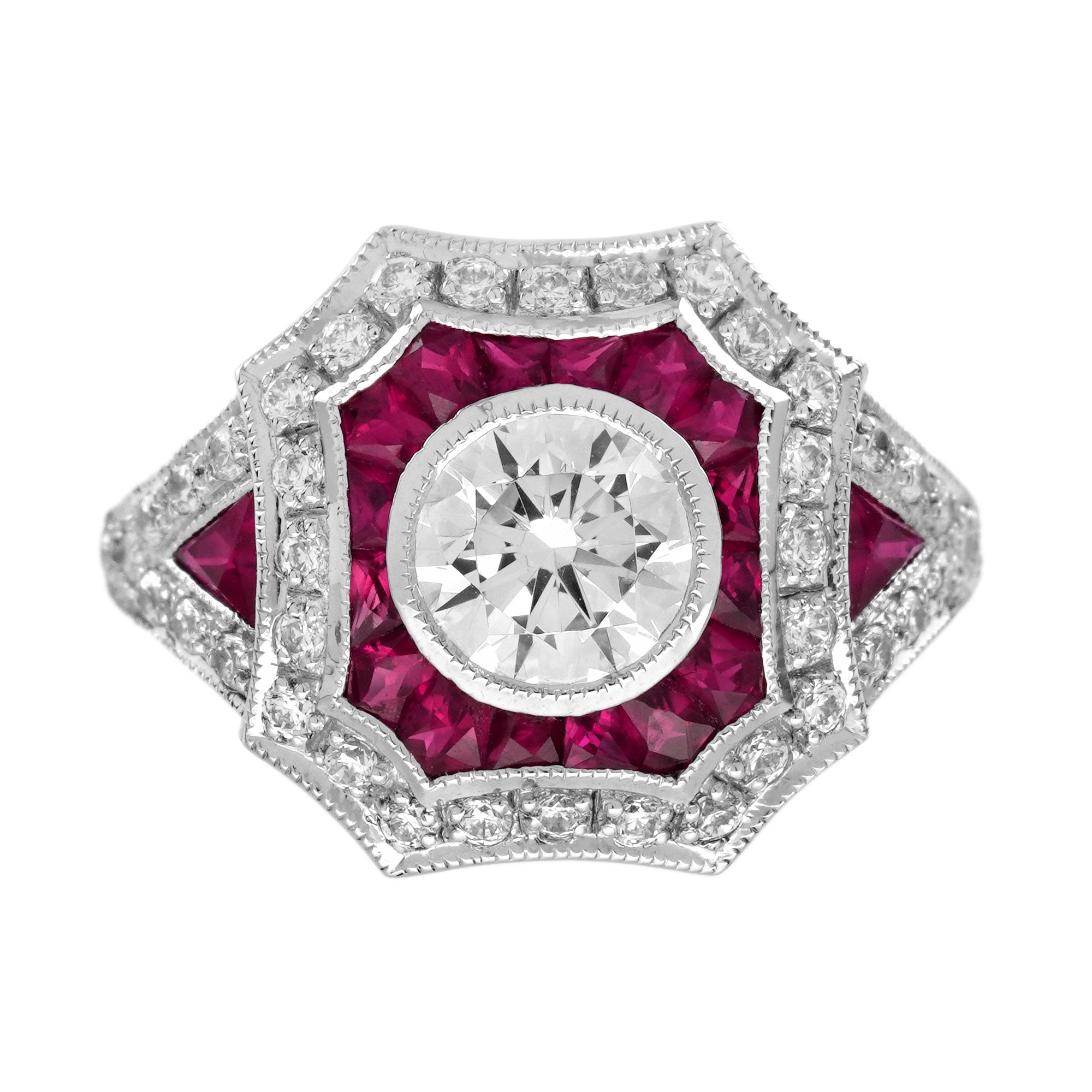 Round Shape Brilliant Cut Diamond & Ruby Art Deco Style 18K White Gold Ring