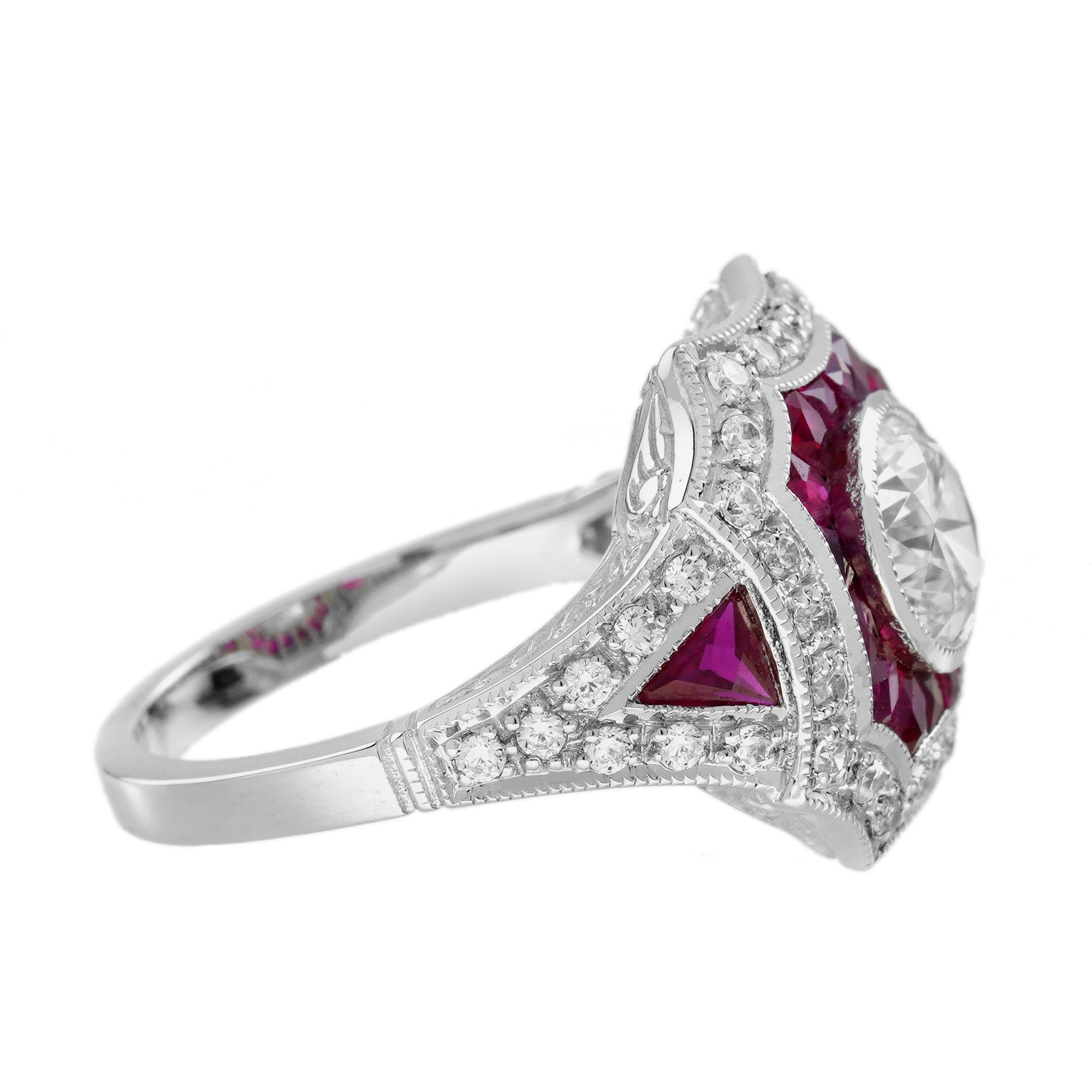 Round Shape Brilliant Cut Diamond & Ruby Art Deco Style 18K White Gold Ring