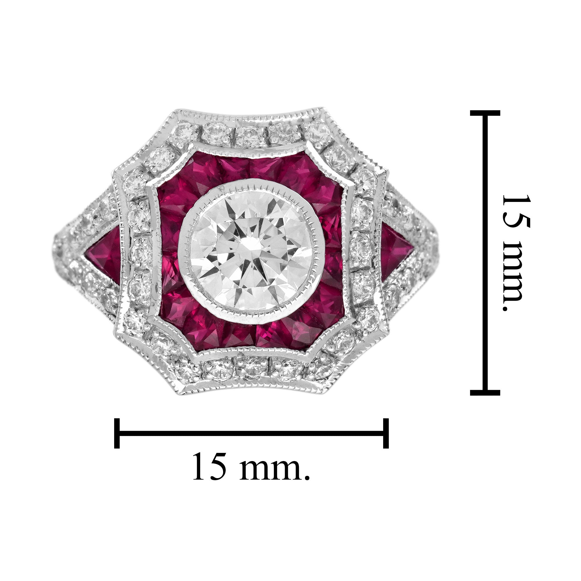 Round Shape Brilliant Cut Diamond & Ruby Art Deco Style 18K White Gold Ring