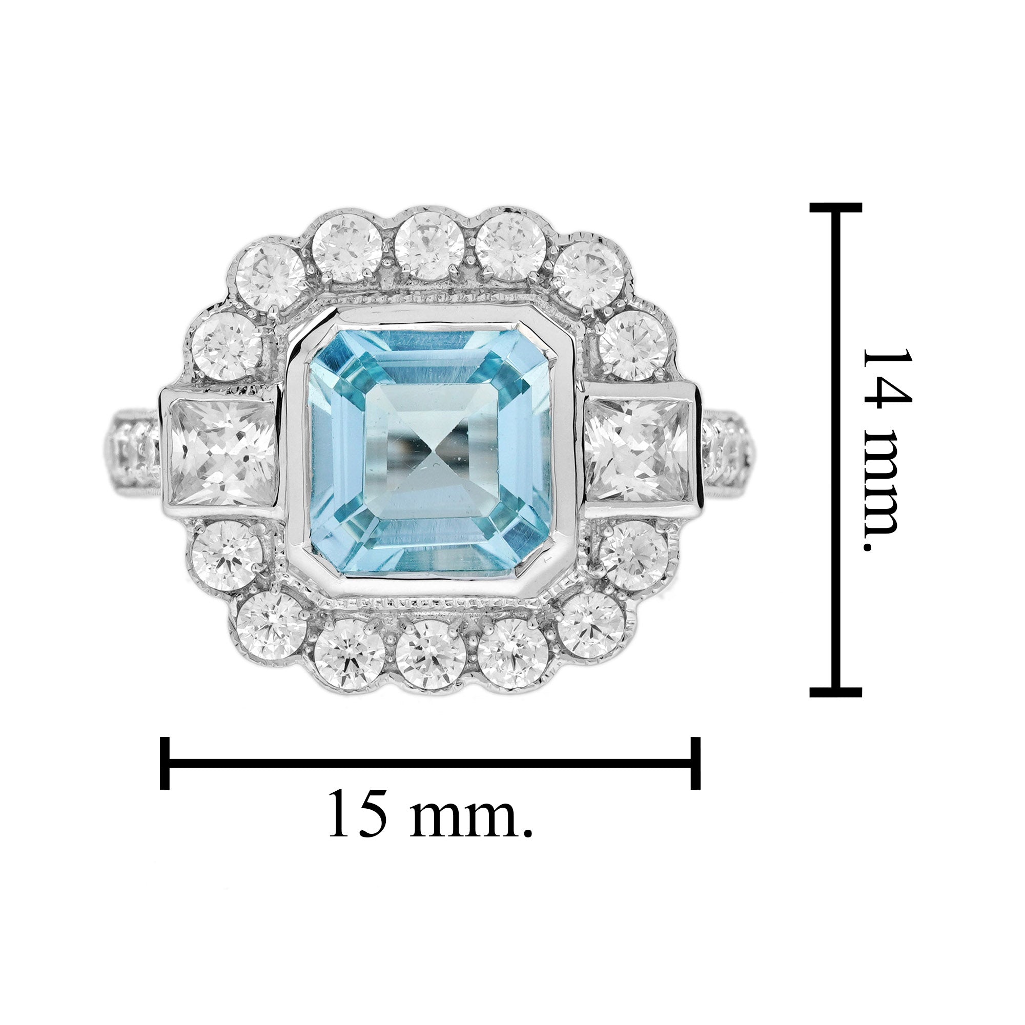 Asscher Blue Aquamarine & Diamond Halo Set Art Deco Style 14K White Gold Ring