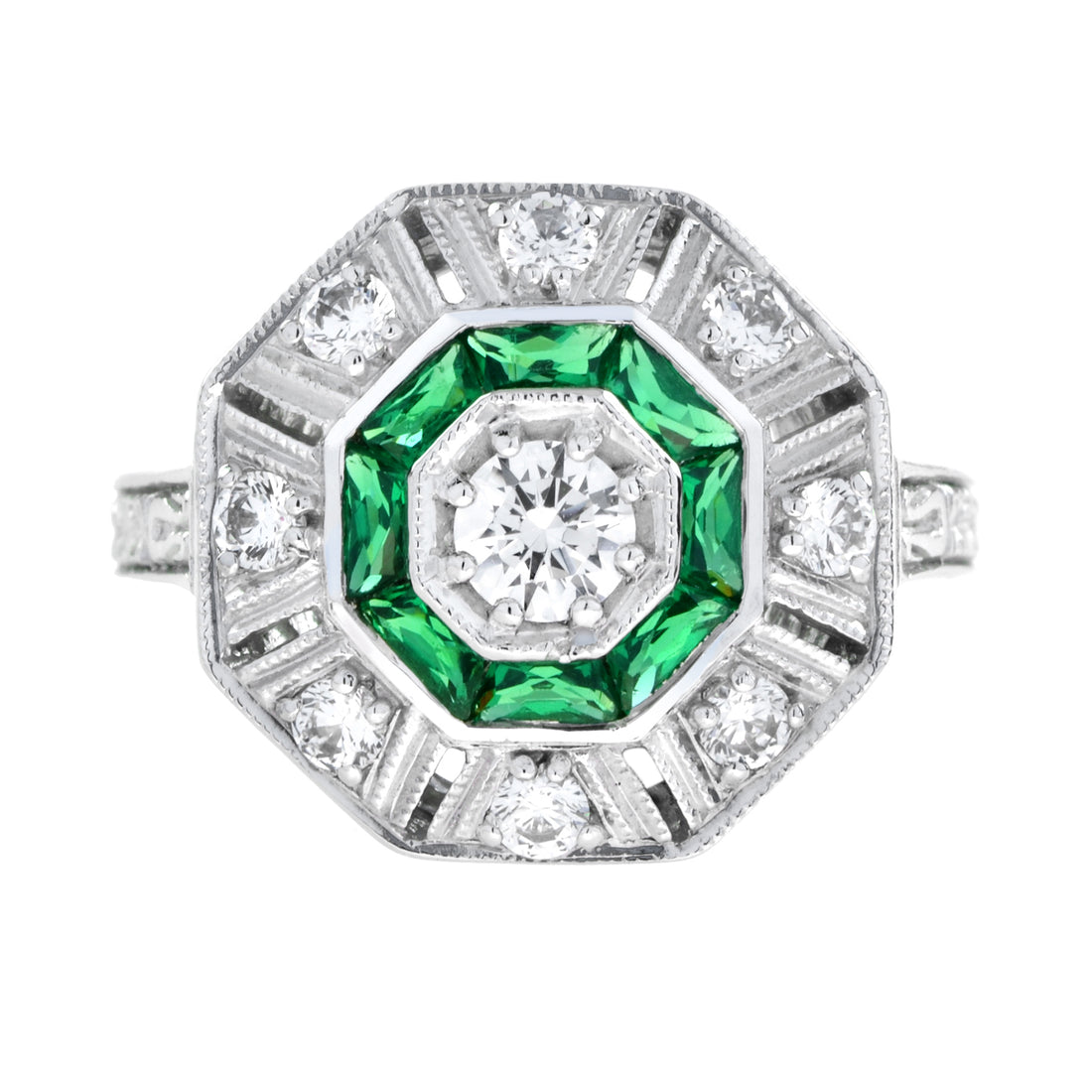 Octagon Shape Diamond & Green Emerald Art Deco Style 14K White Gold Ring