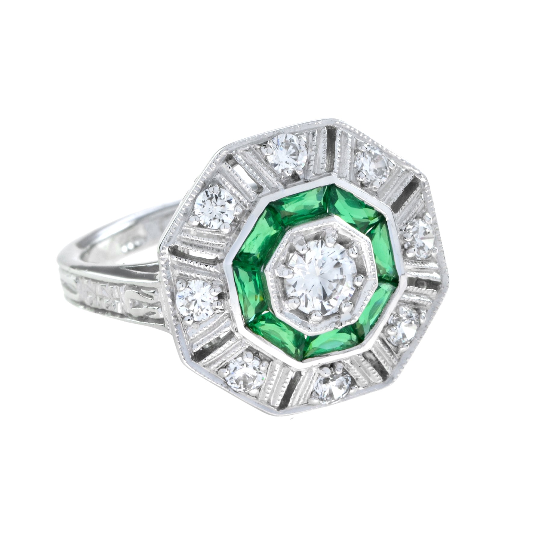 Octagon Shape Diamond & Green Emerald Art Deco Style 14K White Gold Ring