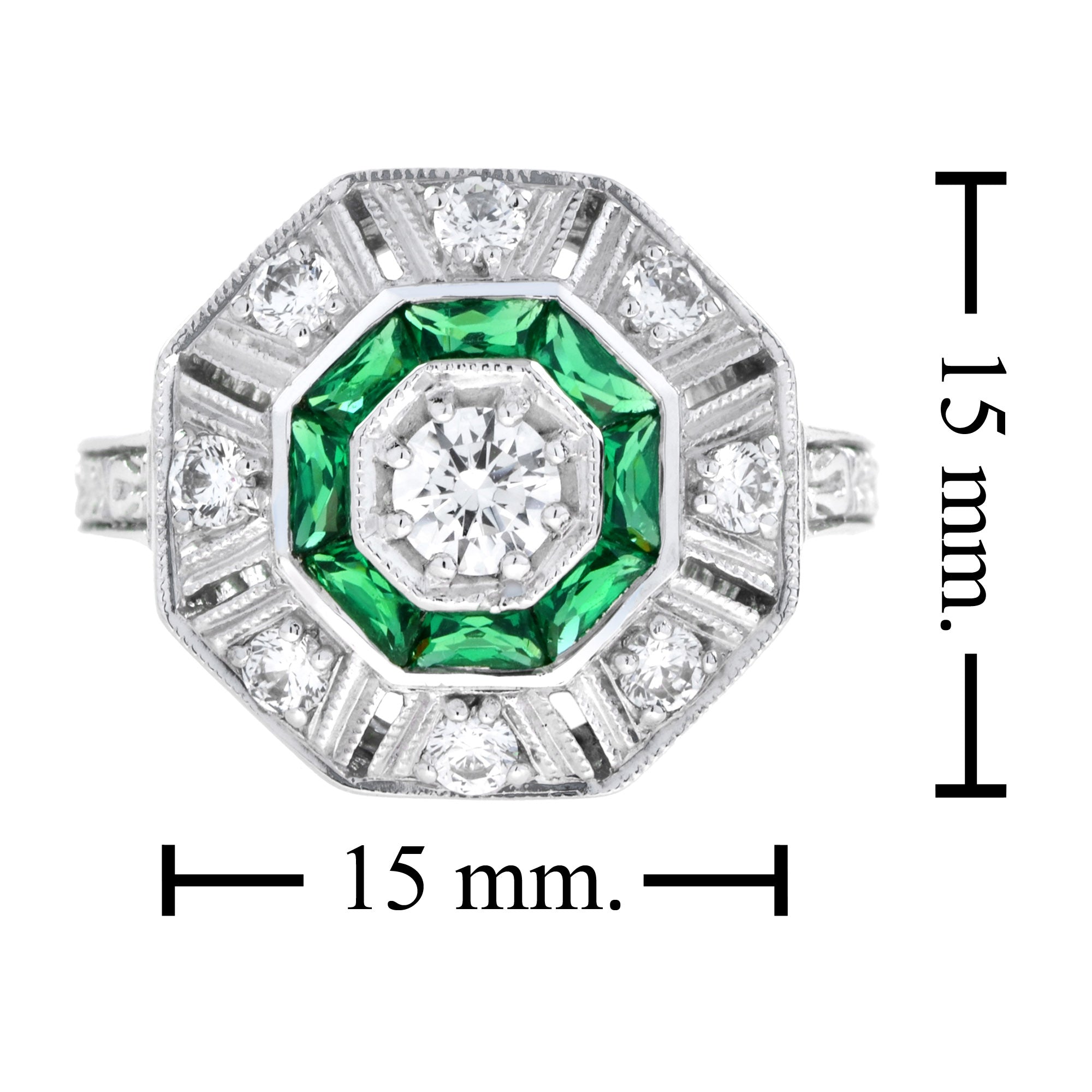 Octagon Shape Diamond & Green Emerald Art Deco Style 14K White Gold Ring