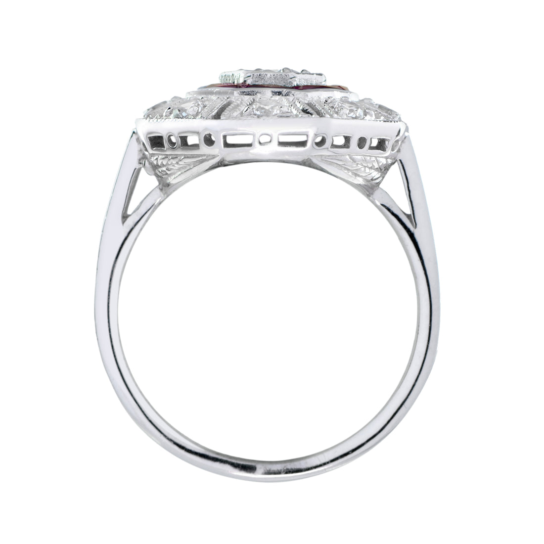 Diamond & Red Pink Ruby Art Deco Inspired Style Octagon 14K White Gold Ring