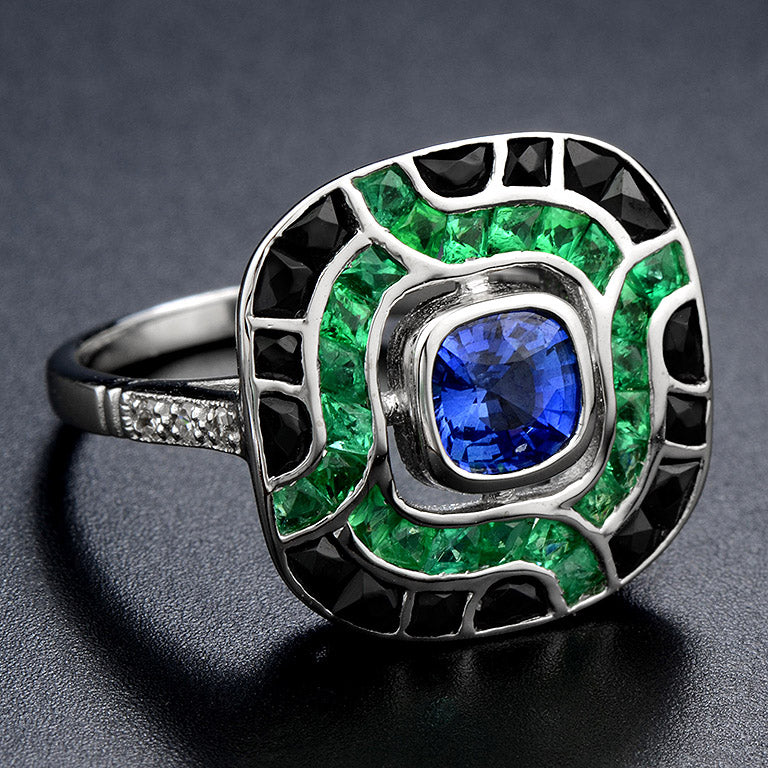 Art Deco Style Blue Sapphire & Green Emerald Black Onyx Cushion White Gold Ring