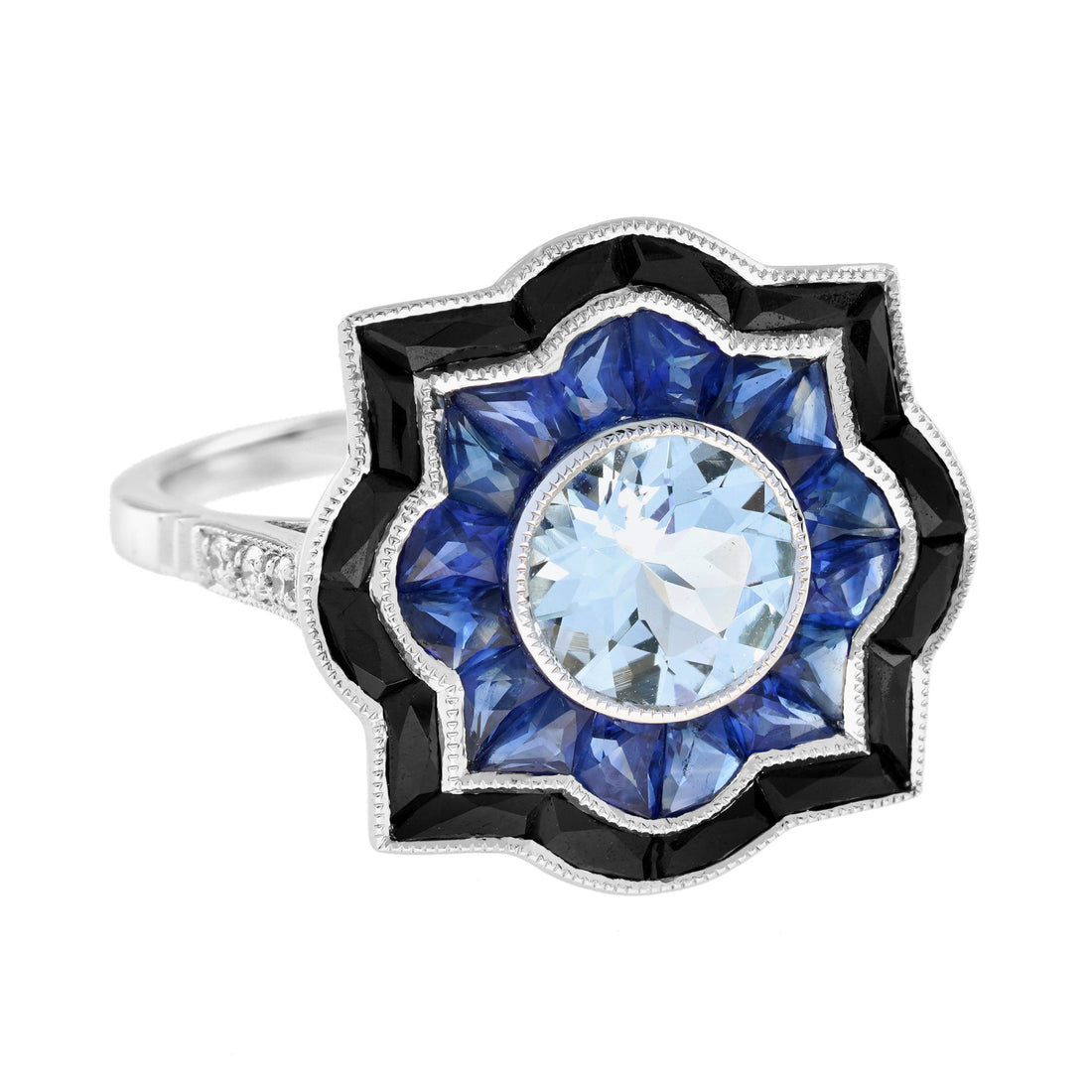 Round Aquamarine Sapphire Onyx Art Deco Style Target Engagement White Gold Ring