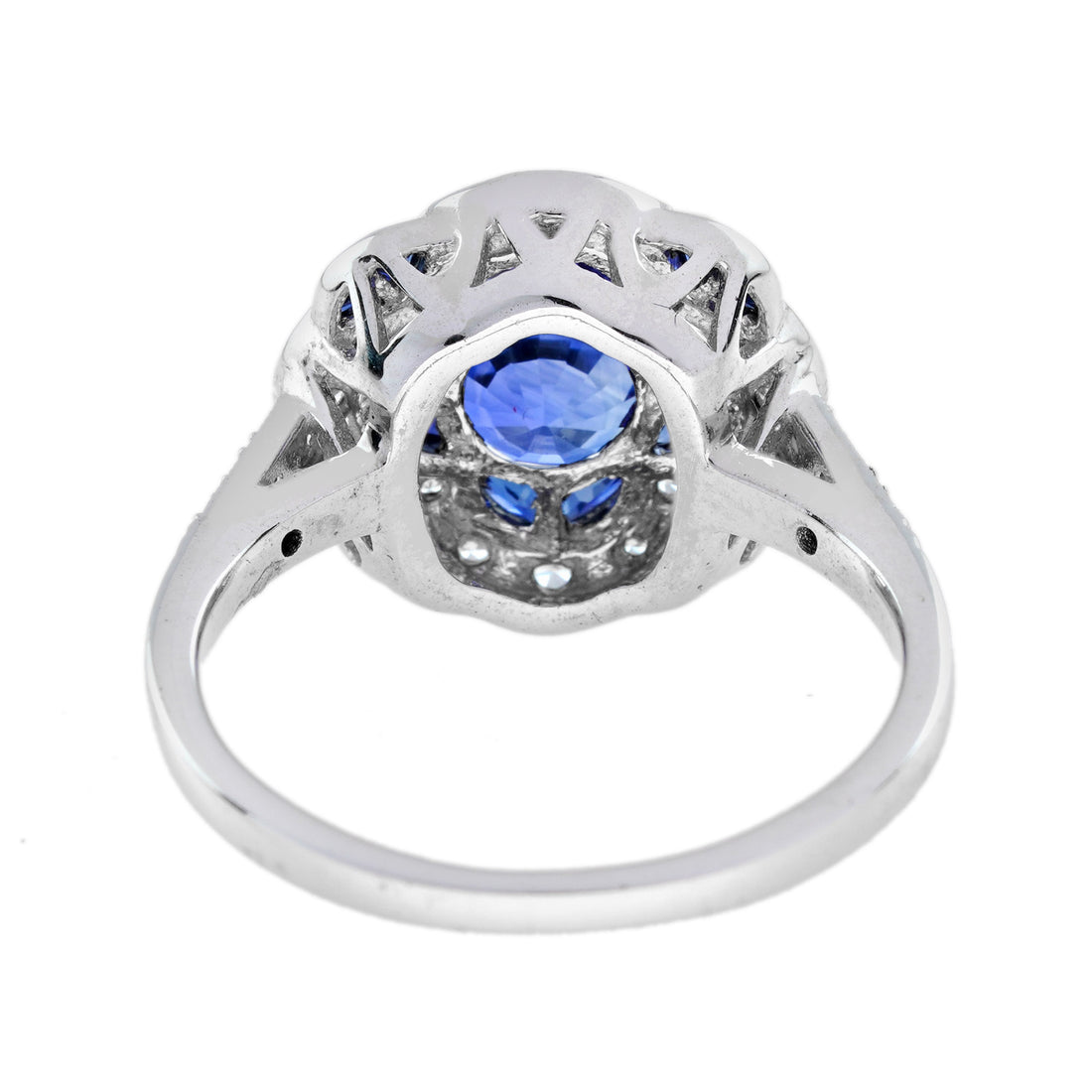 Blue Sapphire & Diamond Art Deco Style Floral Flower Clover Halo White Gold Ring
