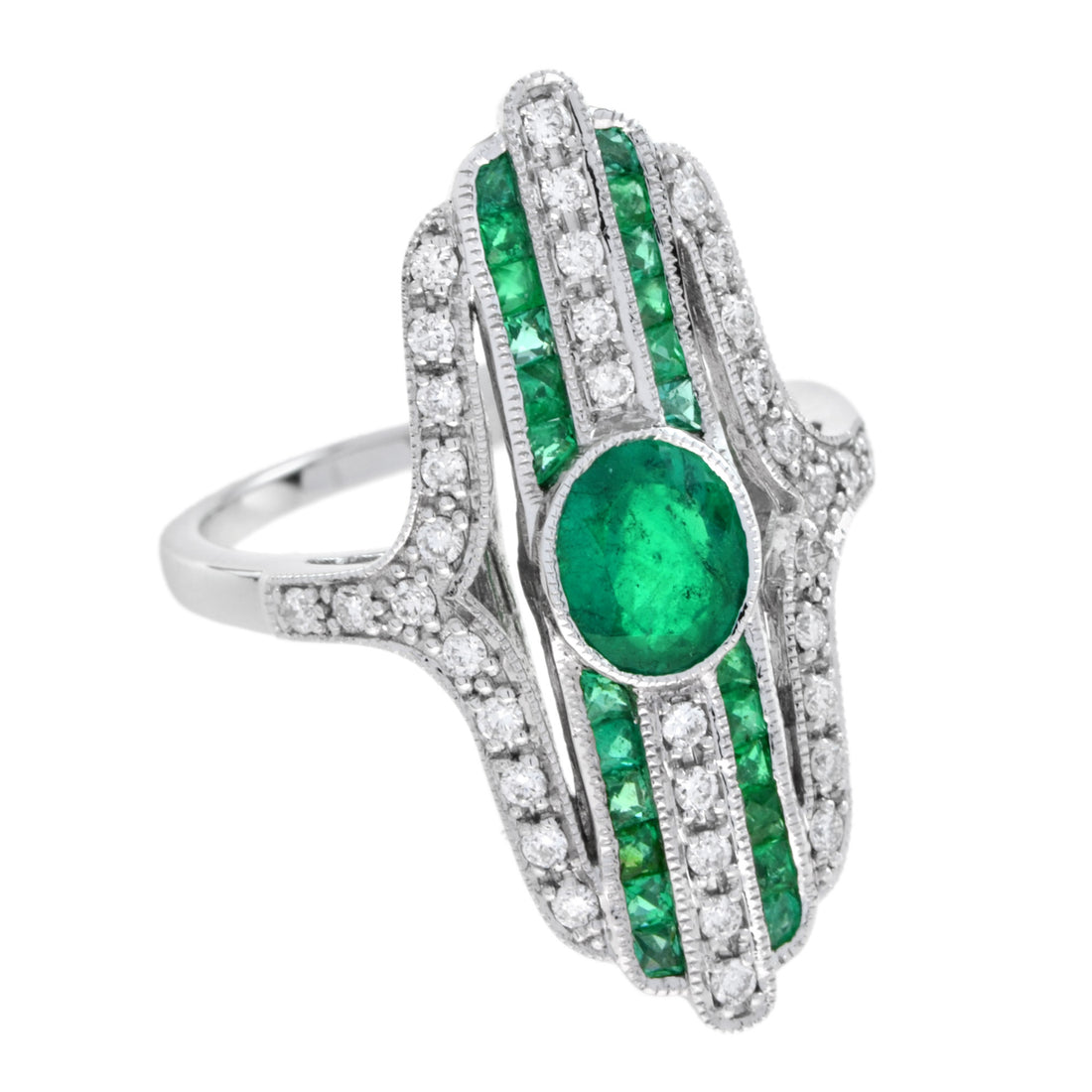 Art Deco Style Inspired Green Emerald with Diamond Cocktail White Gold Ring