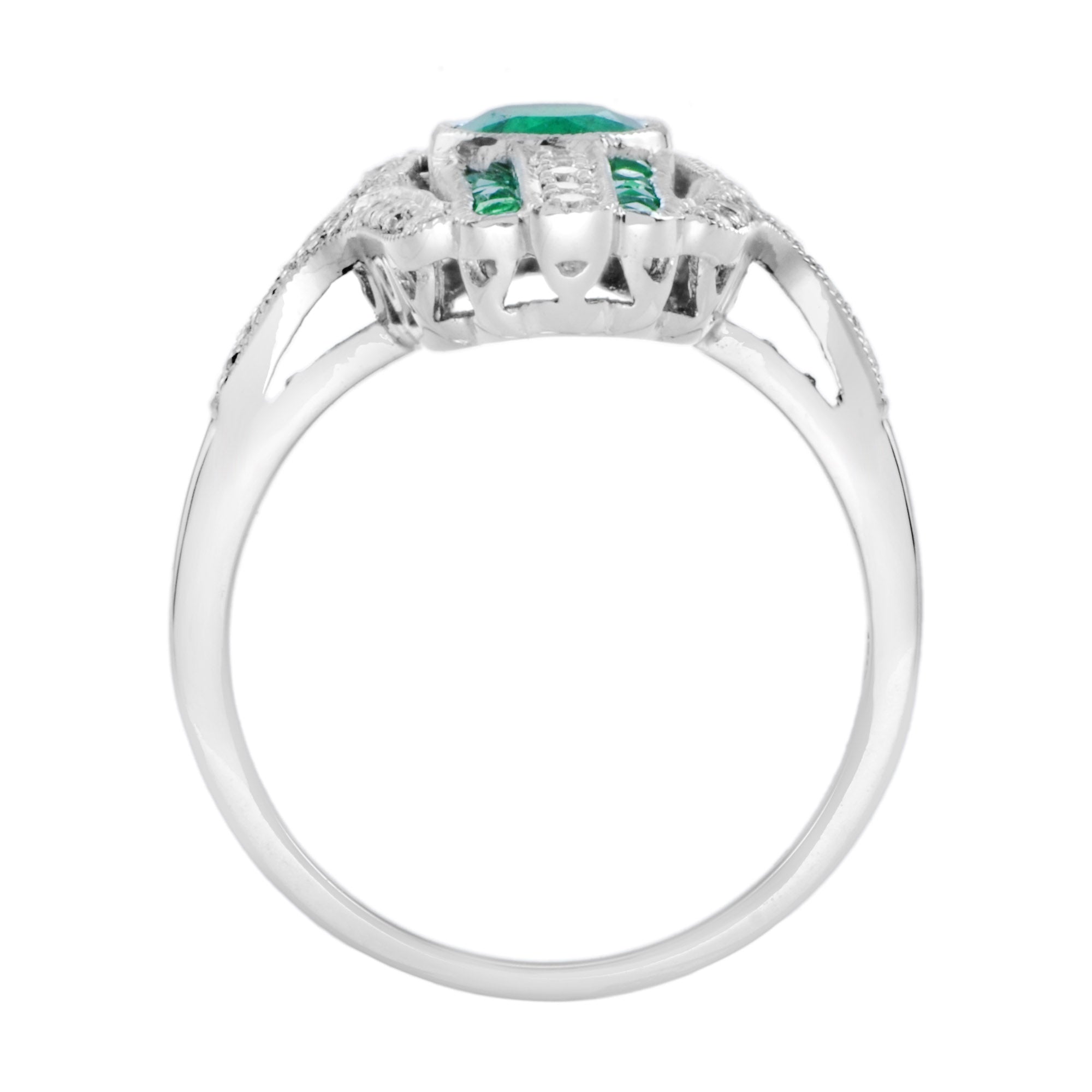Art Deco Style Inspired Green Emerald with Diamond Cocktail White Gold Ring