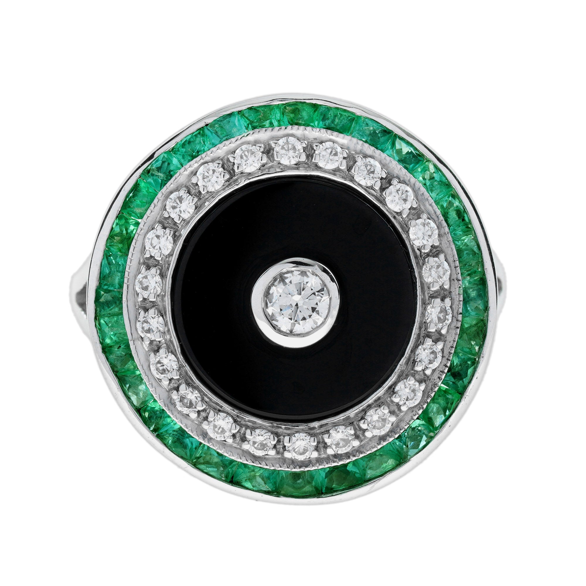 Diamond Onyx Emerald Art Deco Style Target Cocktail 14K White Gold Ring