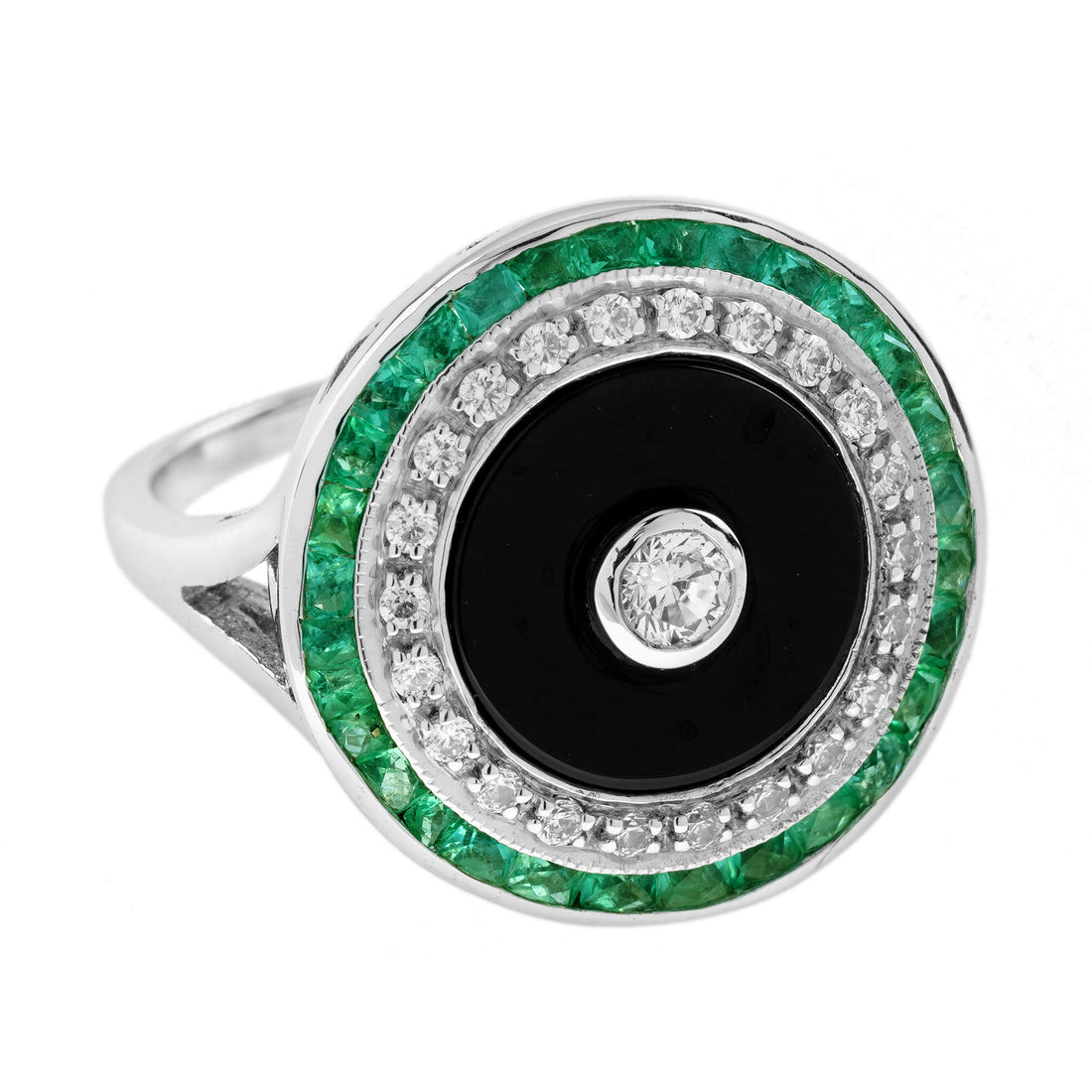 Diamond Onyx Emerald Art Deco Style Target Cocktail 14K White Gold Ring