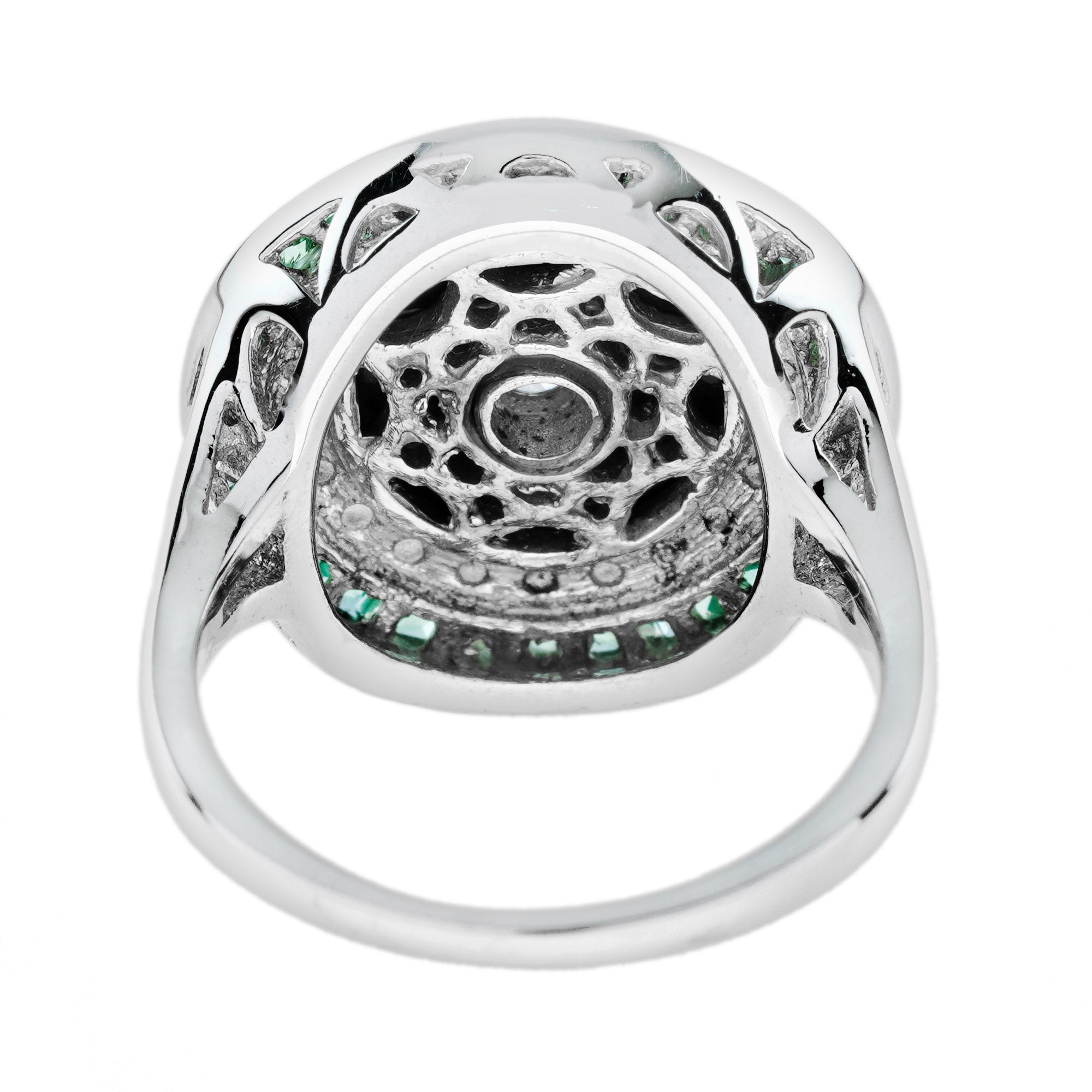 Diamond Onyx Emerald Art Deco Style Target Cocktail 14K White Gold Ring